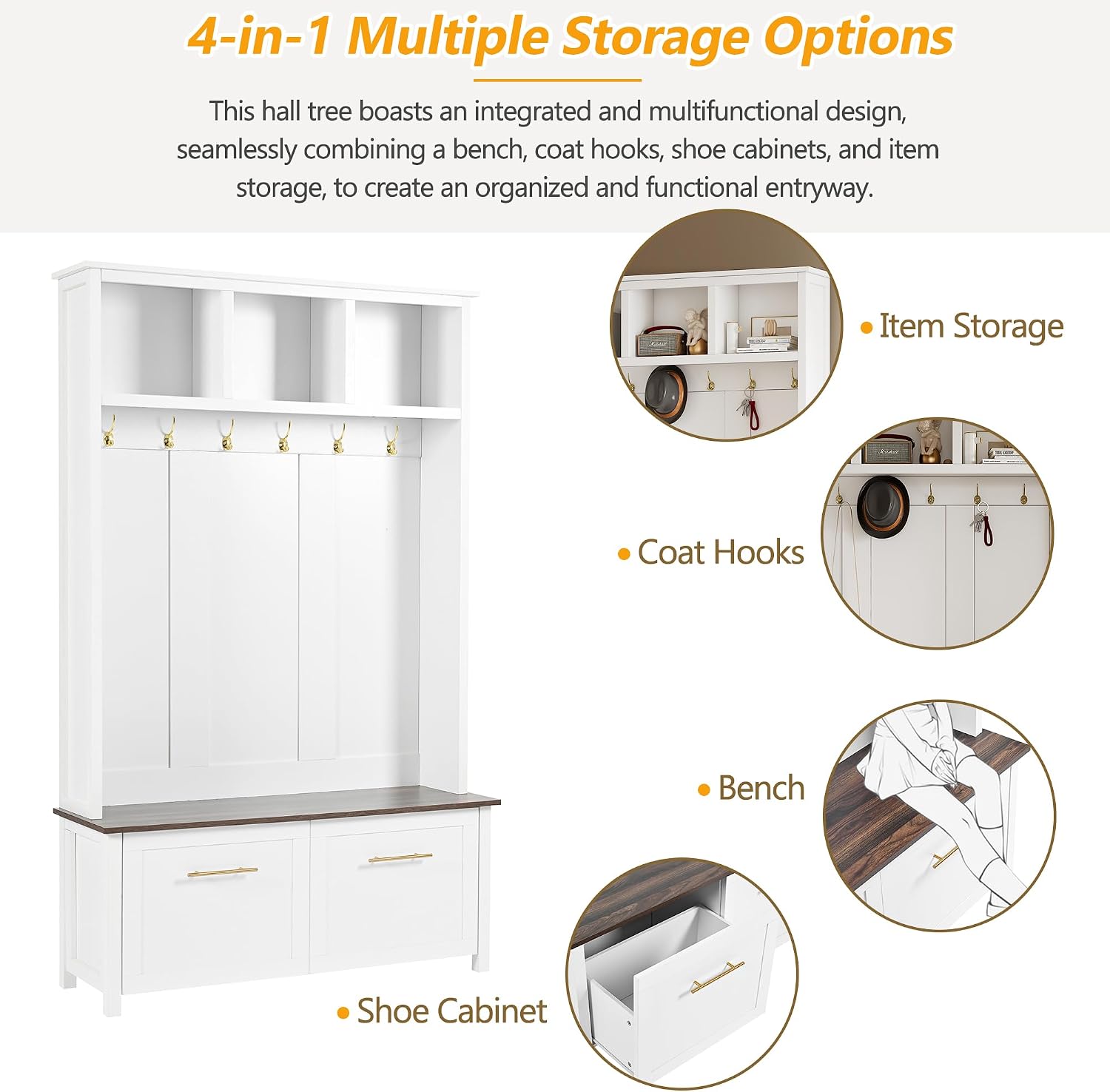 Modern Hall Tree with 6 Golden Hooks, Wood Entryway Coat Hanger with Brown Wood Grain Storage Bench and Top Open Storage Shelves, Versatile 4-in-1 Entryway Coat Rack for Entrance Hallway (White-9.8)