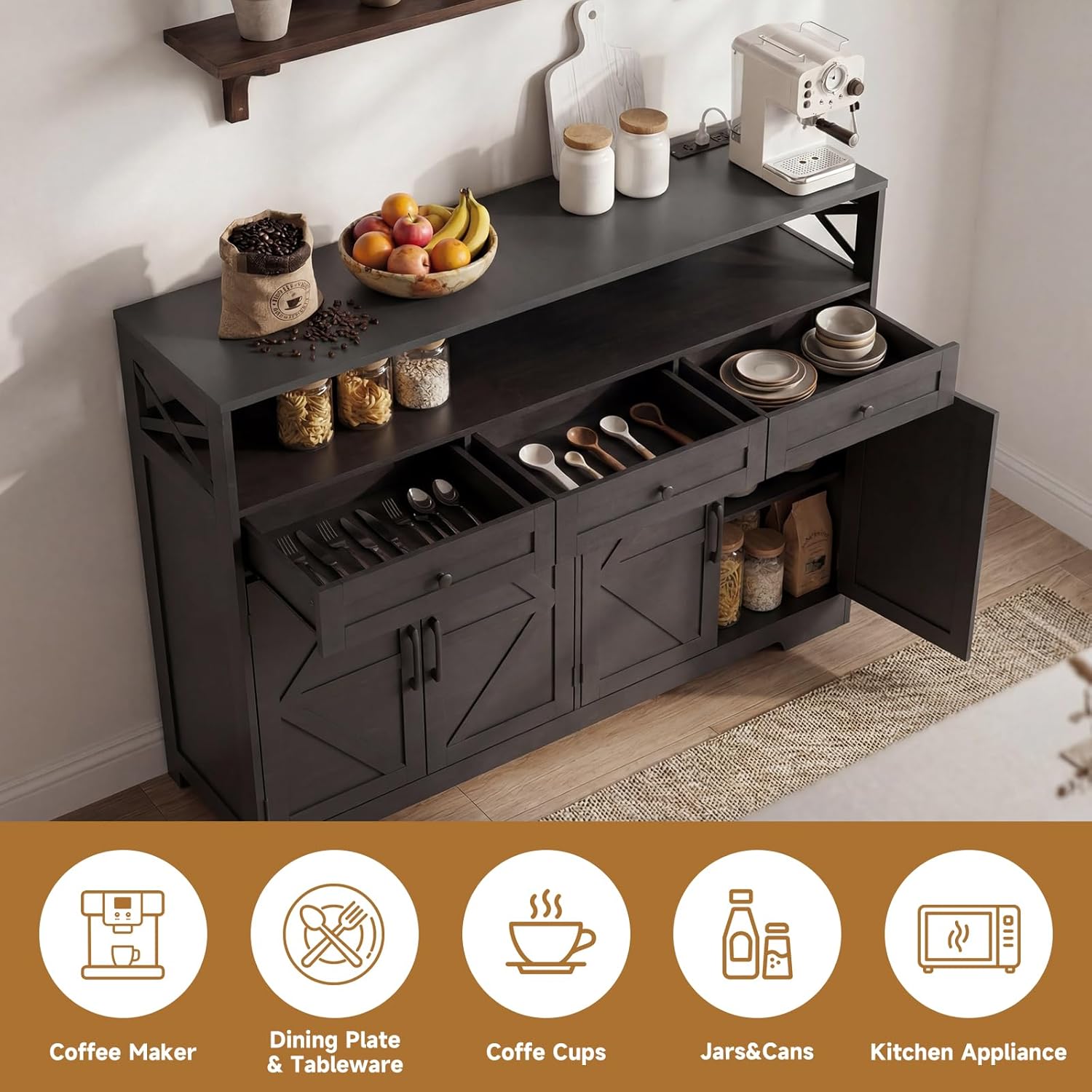 Sideboard Buffet Cabinet with Storage, 55" Kitchen Buffet Cabinet with Charging Station, Farmhouse Coffee Bar Station with Drawers and Doors, Credenza for Kitchen Living Room Entryway, Dark Brown