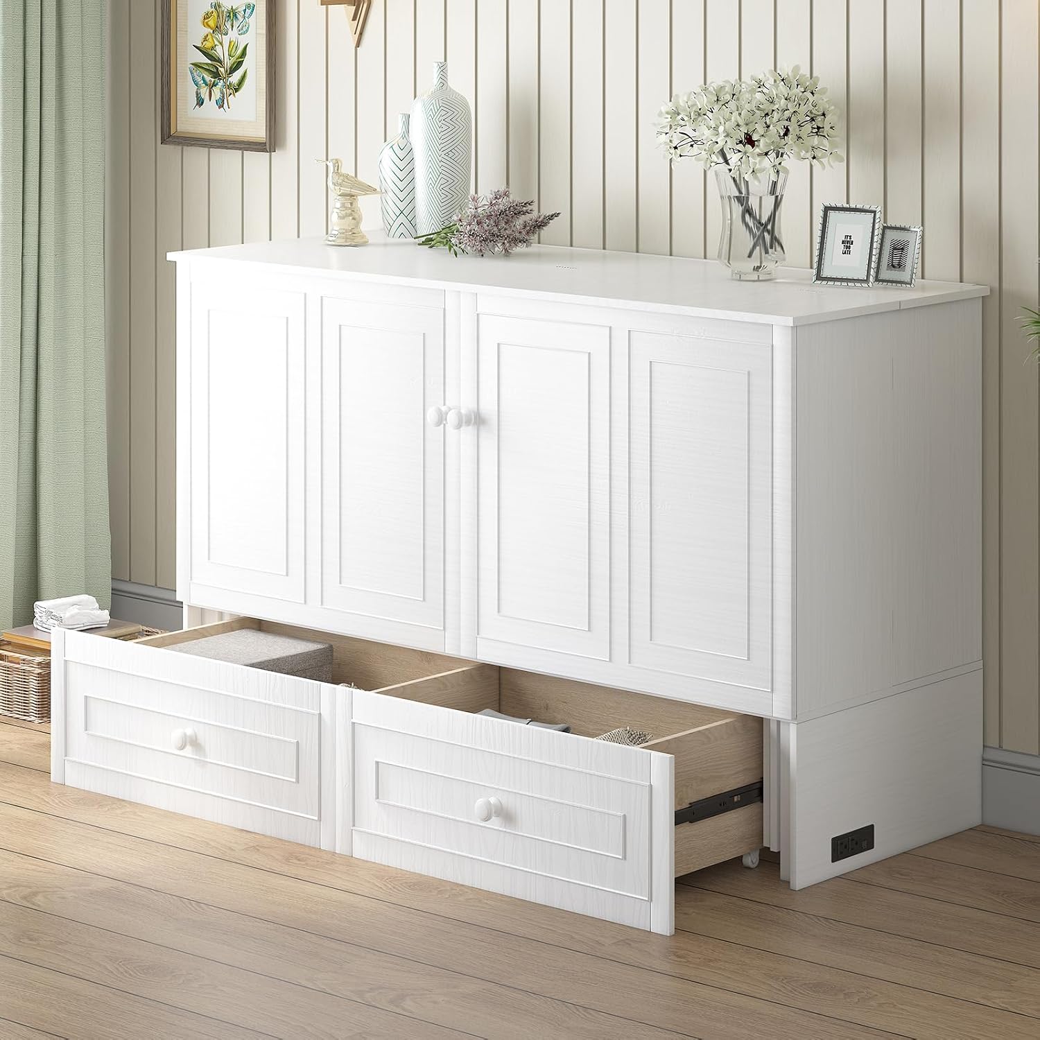 BALUS 63" W Murphy Bed Queen, Murphy Cabinet Beds with Tri-Fold Mattress & USB Charging Station, Space-Saving Wooden Wall Bed Cabinet with 2 Large Storage Drawers for Living Room Apartment, White
