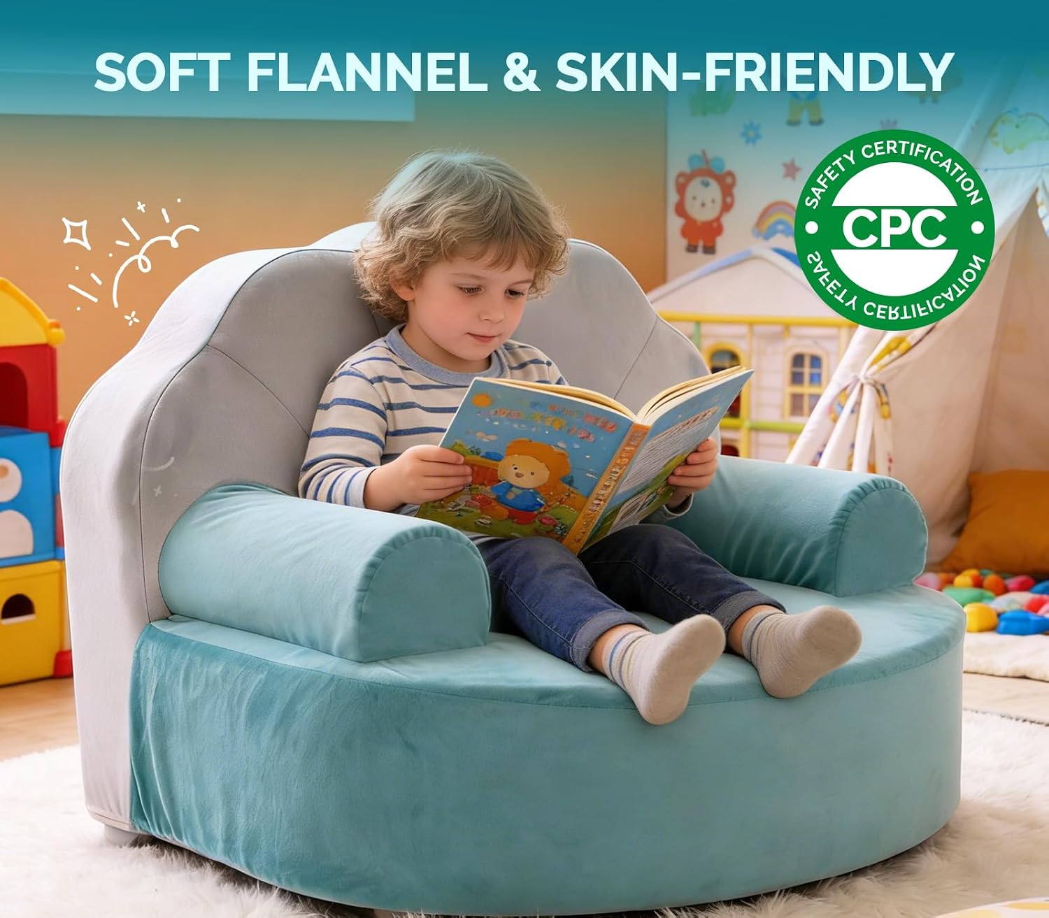 Snuggly Toddler Chair Soft Kids Sofa Cozy Kids Chairs Comfy for Toddlers 1-3, Plush Child Seat with Carry Handle Green Shell