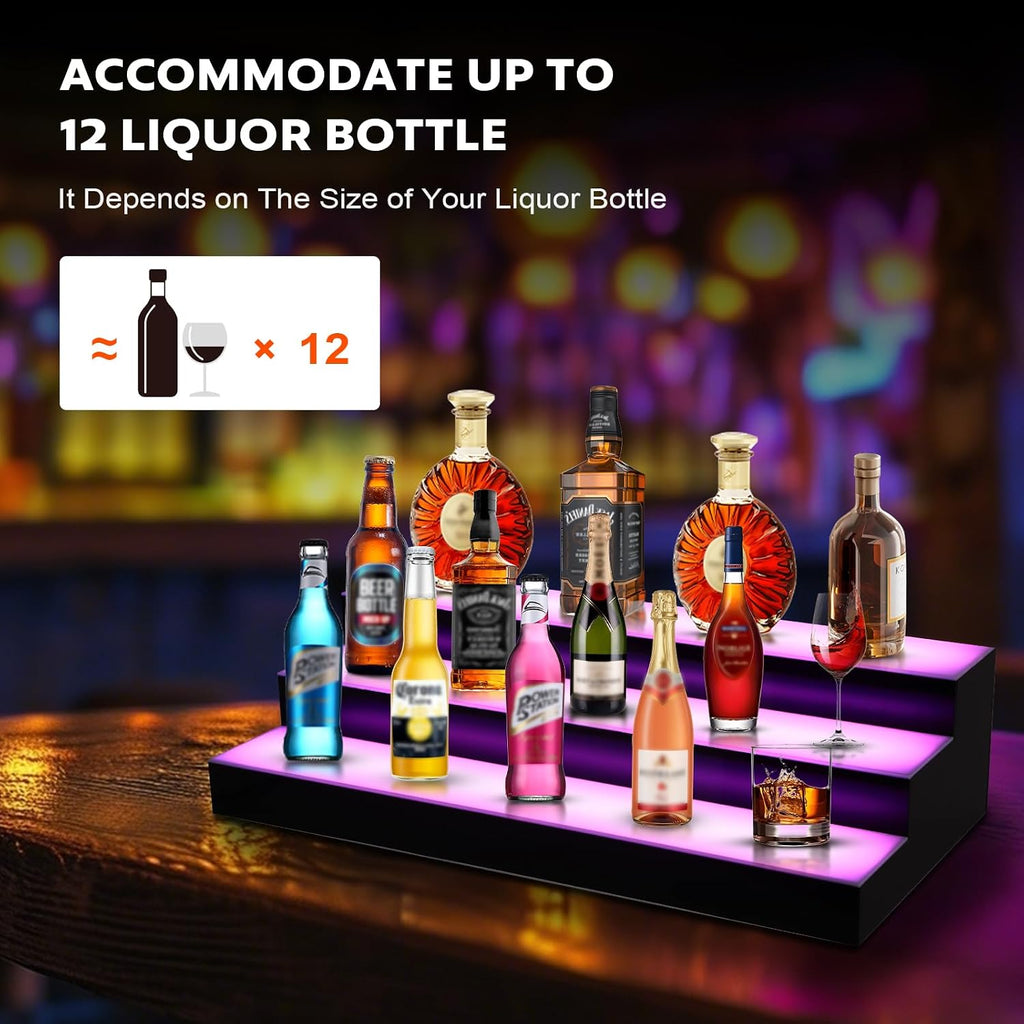 Dollate 3 Tier 16 Inch LED Lighted Liquor Bottle Display, LED Tabletop Wine Shelves Adjustable Lighting & Colors Liquor Storage Rack for Home Bar
