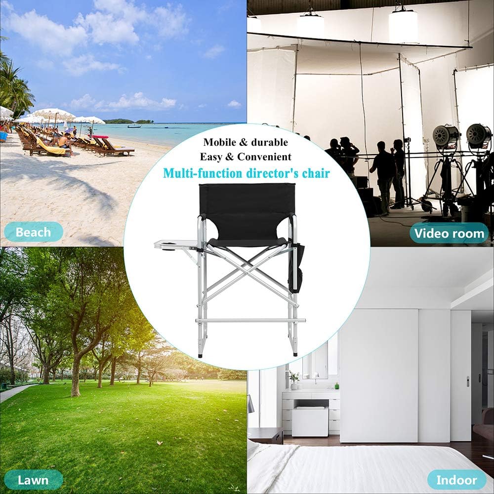 Tall Makeup Chair 41'', Director Chair for Makeup Artist with Table, Cup Holder, Storage Bag & Footrest, 300 lbs Foldable Portable
