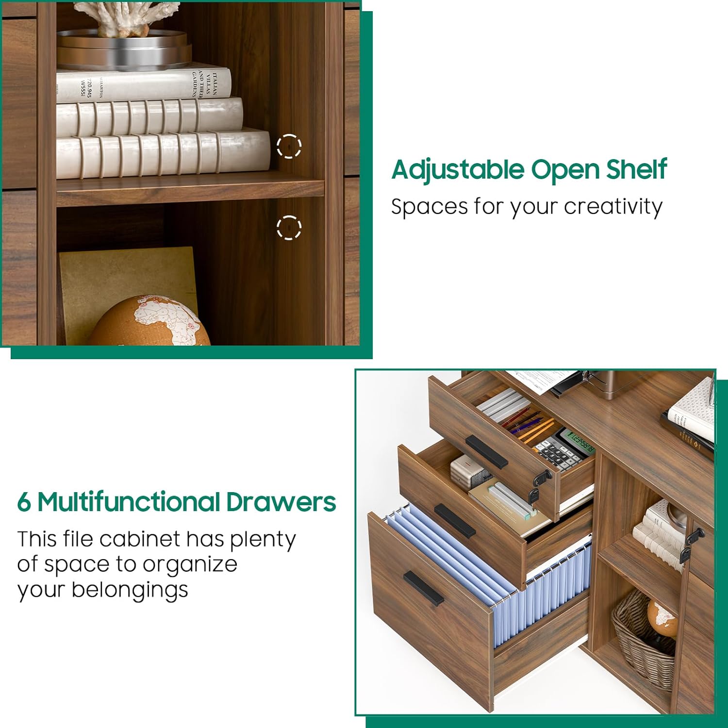 Halitaa Lateral File Cabinet with Lock, Large Mobile Storage Filing Cabinet with 6 Drawers Fits Files Letter/A4 Size, Rolling Printer Stand with Open Storage Adjustable Shelf for Home Office, Brown