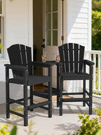 KINGYES Tall Adirondack Chair Set of 2 with Double Connecting Trays, Outdoor HDPE Adirondack Barstools, High Airondack Chair with Wood Grain, Embossed Balcony Chair for Backyard, Black