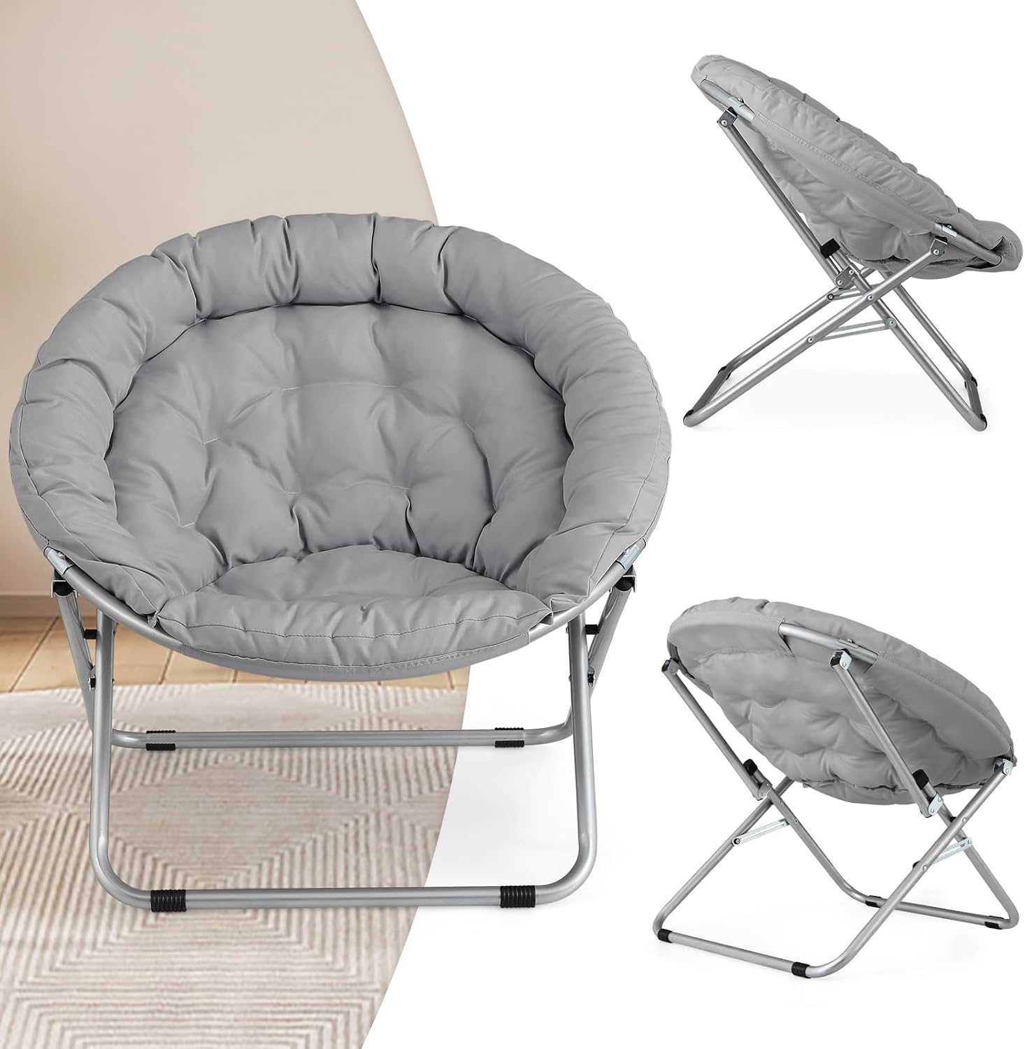 Magshion Oversized Folding Saucer Chair for Adults, Durable 600D Oxford Fabric & Sturdy Metal Frame, Comfy Circle Chair for Bedroom, Dorm, or Living Room (Grey, Set of 2)