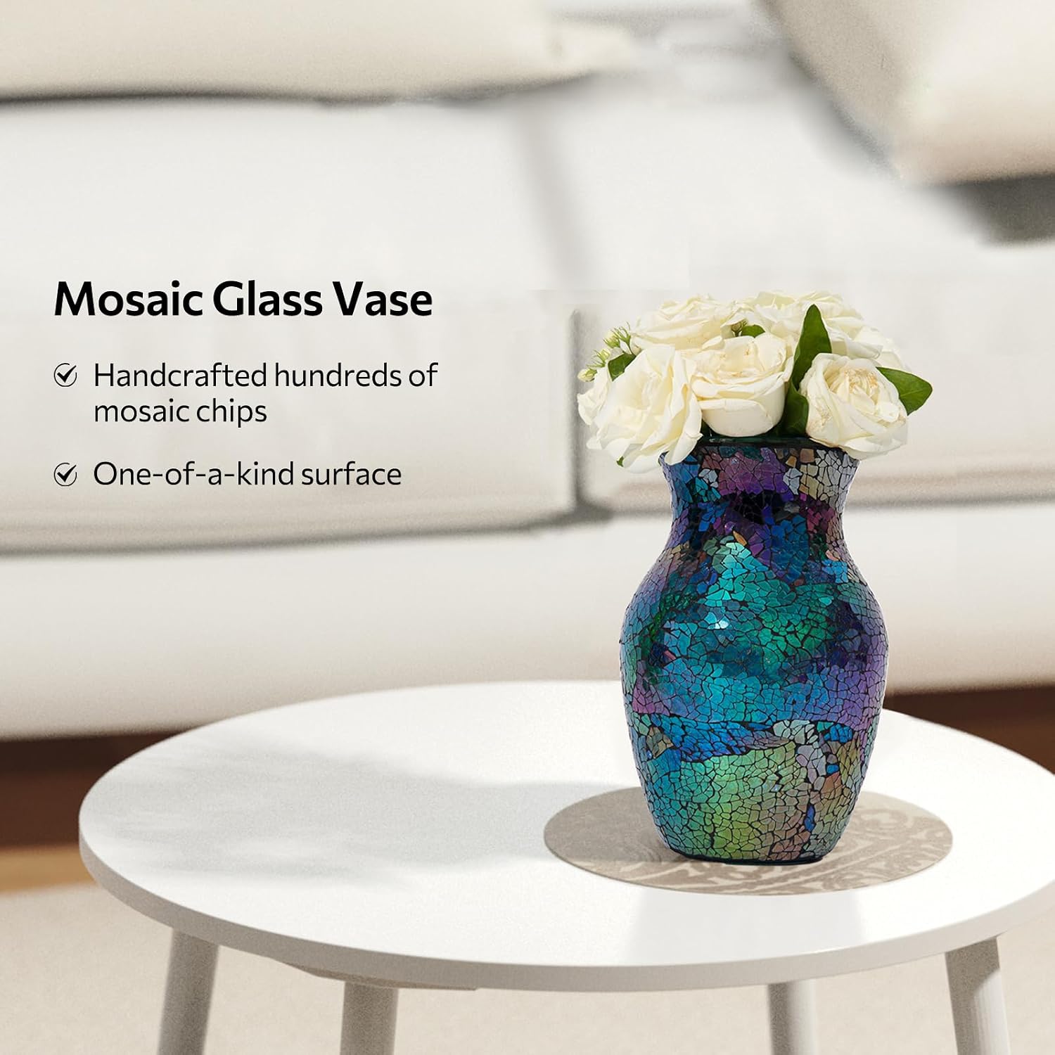 Mosaic Glass Vase, 8" H, Beautiful Mosaic Colorful Blue Vase for Living Room Bedroom Bouquets, Handmade, Home Decor, Colorful Blue