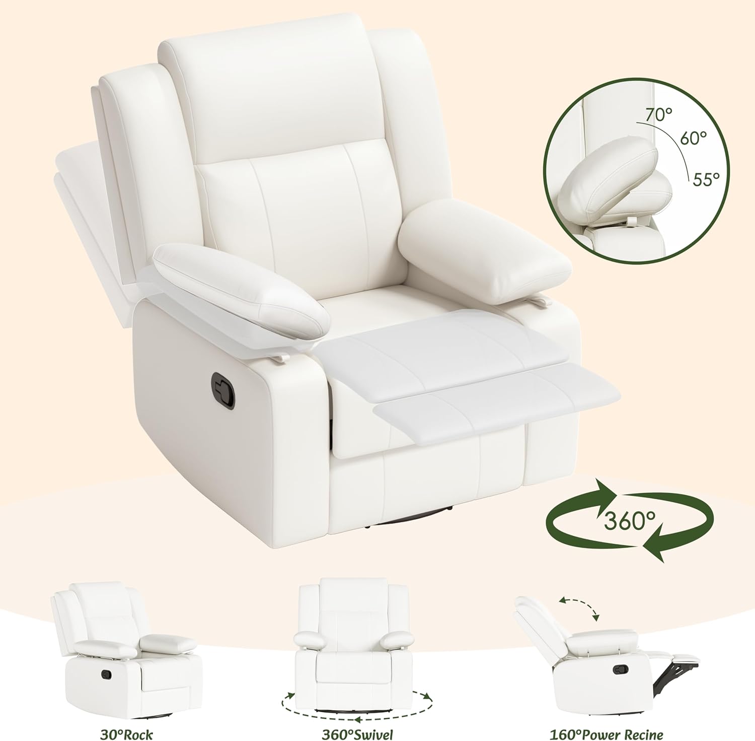AILEEKISS Nursery Glider Recliner Chair with Adjustable Armrests, Swivel Rocking Recliner for Breastfeeding Moms, 360° Swivel, 30° Rocking, 90°-160° Recline, Easy-Clean Nursery Chair(White)