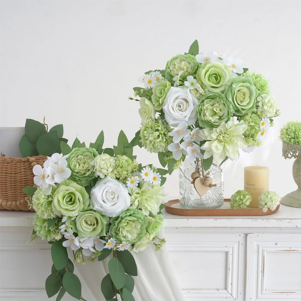 4 Pcs Mixed Artificial Flowers Set, Small Artificial Peony Bouquet Fake Rose Flower Silk Floral Arrangements for Table Centerpiece Home Wedding Party Bridal Decoration(Green, 2 Bouquets & 2 Stems)