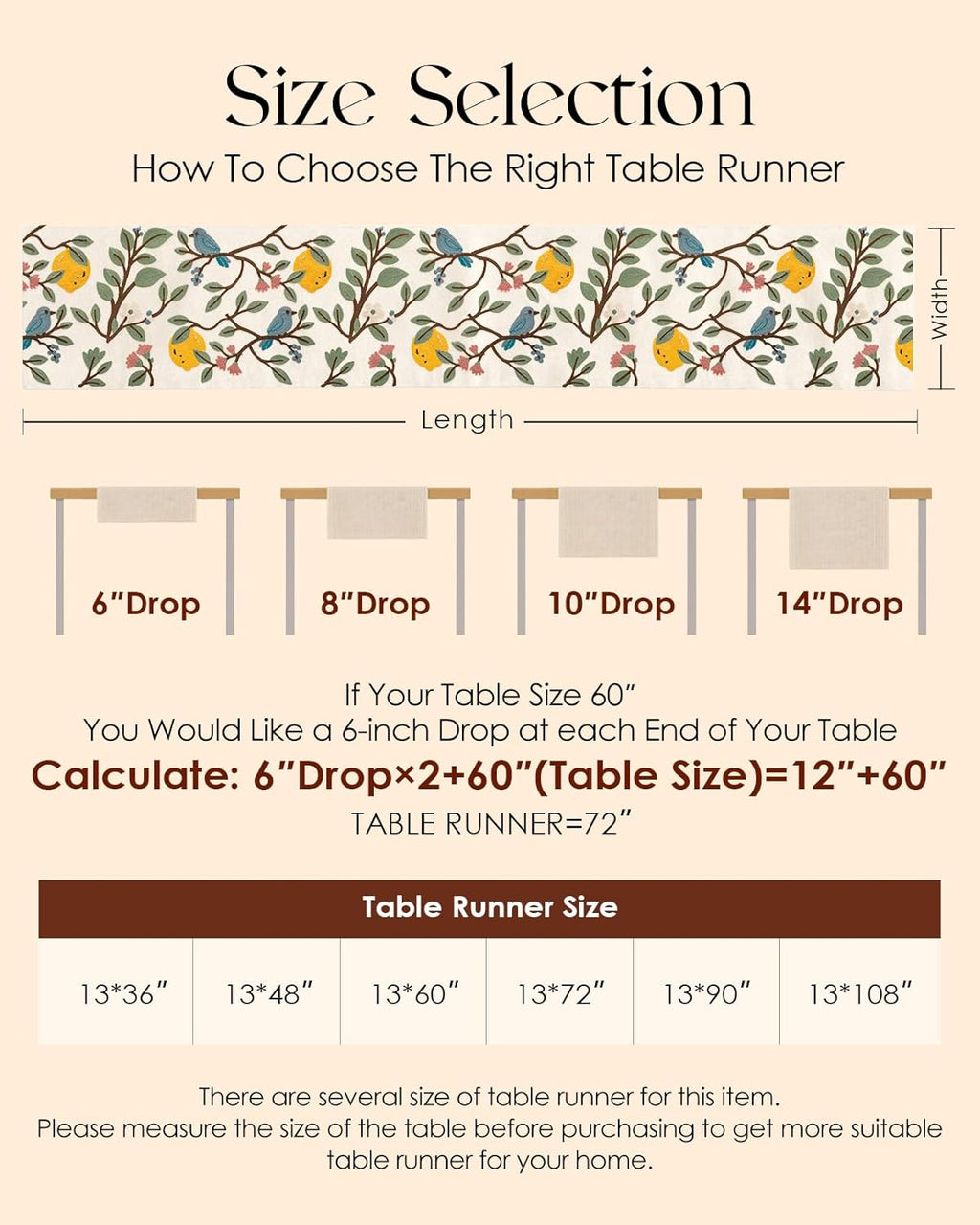 Canvas Embroidered Table Runner - 13"x 72" Coffee Table Runner for Living Room Narrow Tablerunner for Dining Room Washable Farmhouse Kitchen Island Counter Decor Housewarming Gift, Lemon Bird