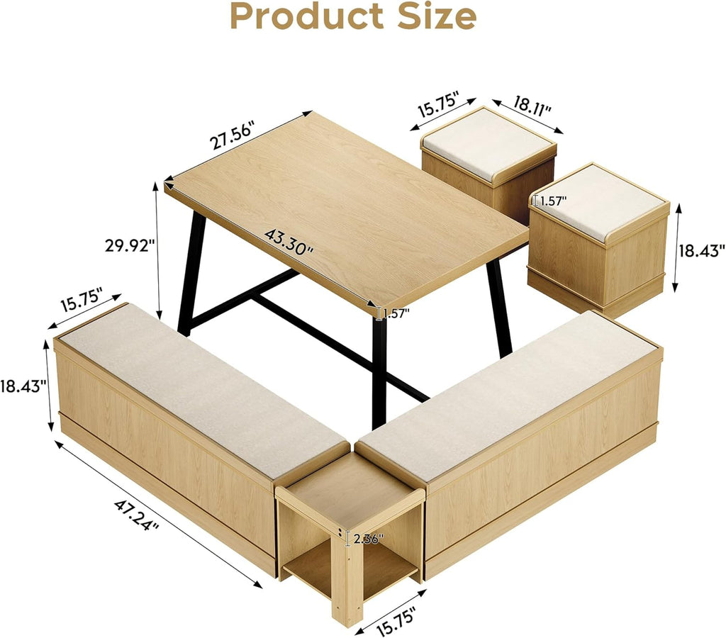 XIAO WEI Corner Dining Table Set, 6-Piece Breakfast Nook Dining Set with Storage Bench and Stools, 47" Banquette Seating for Small Space, Apartment Kitchen & Dining Room, Natural Wood