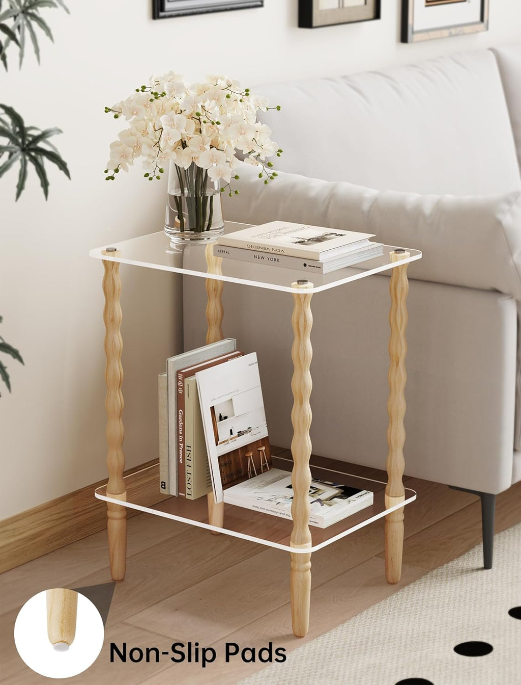 NiHome Spindle Side Table Acrylic Tabletop and Wooden Legs, 2-Tier Small End Table with Storage Shelf, Modern Wood Nightstand for Living Room, Narrow Rectangle Coffee Tables for Couch