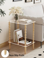 NiHome Spindle Side Table Acrylic Tabletop and Wooden Legs, 2-Tier Small End Table with Storage Shelf, Modern Wood Nightstand for Living Room, Narrow Rectangle Coffee Tables for Couch