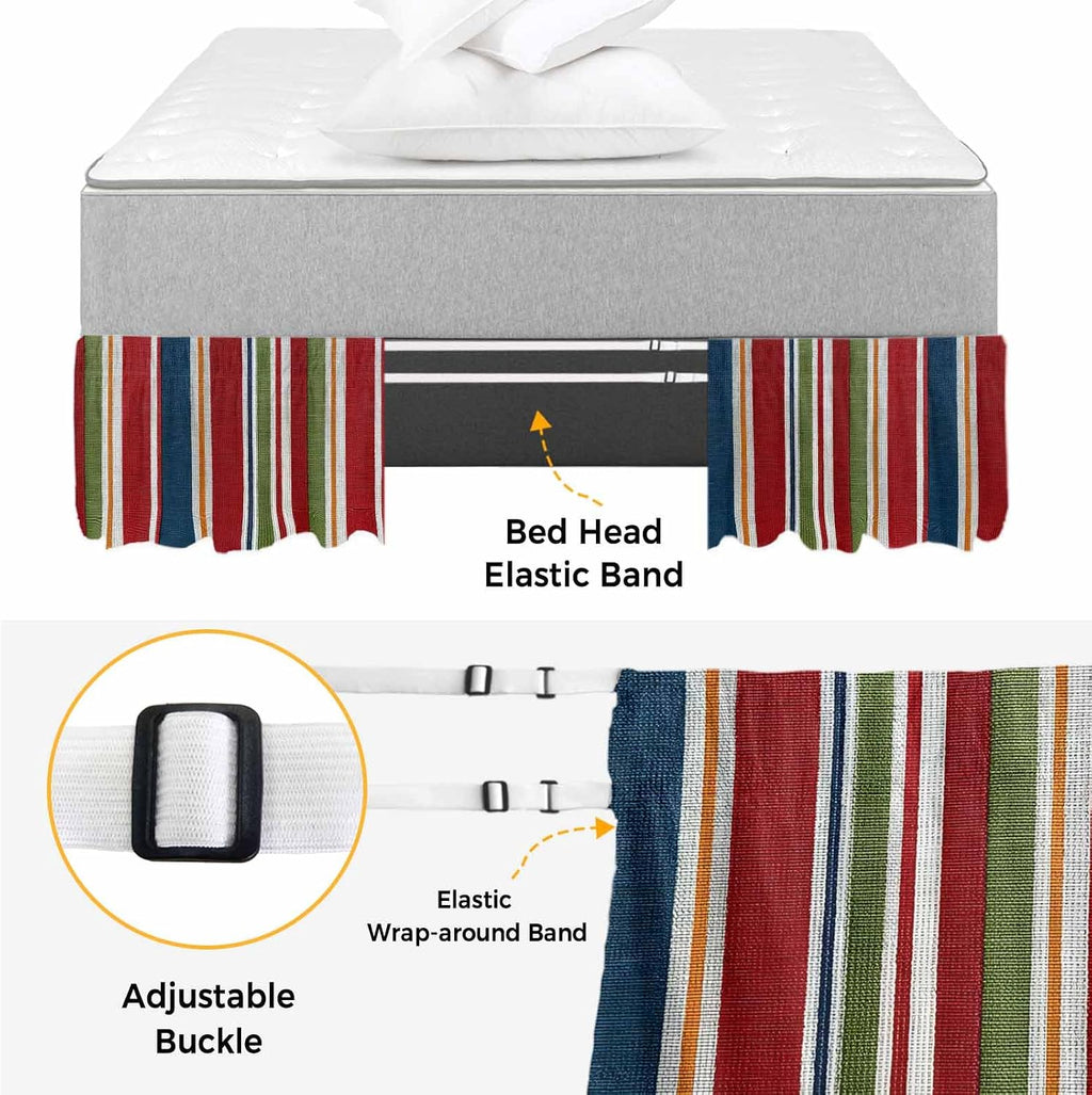 Red Green Striped Bed Skirt Queen Size 16 Inch Drop, Adjustable Elastic Bedskirt Dust Ruffle for Queen Bed, Farmhouse Vintage Minimalist Stripe Wrap Around Bed Skirts Luxurious Pleated Bed Frame Cover