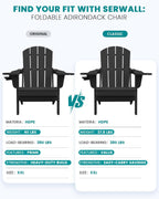 SERWALL Folding Adirondack Chair, Dual Cup Holders, Wood-Like Patio Chair for Backyard, Camping，Pool & Fire Pit- Black