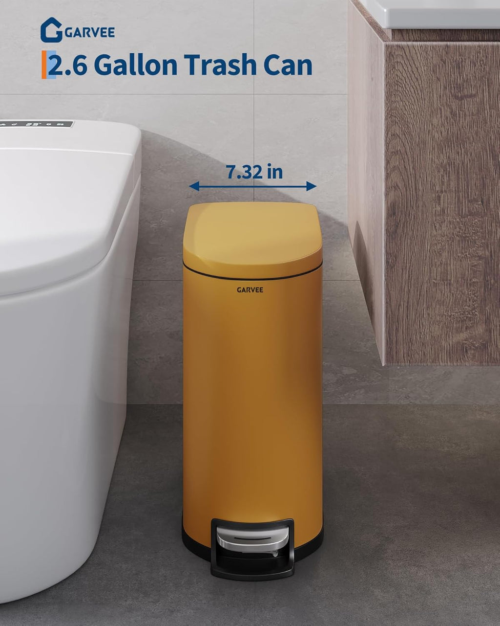 2.6 Gal / 10 L Metal Bathroom Trash Can with Lid, Slim Step-On Garbage Can with Soft Close Lid, Stainless Steel Waterproof Trash Bin for Bedroom with Inner Bucket, Rear Handle, Yellow
