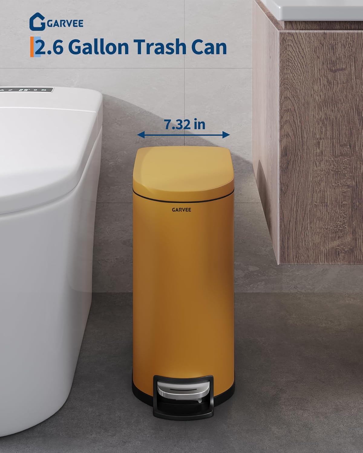 2.6 Gal / 10 L Metal Bathroom Trash Can with Lid, Slim Step-On Garbage Can with Soft Close Lid, Stainless Steel Waterproof Trash Bin for Bedroom with Inner Bucket, Rear Handle, Yellow