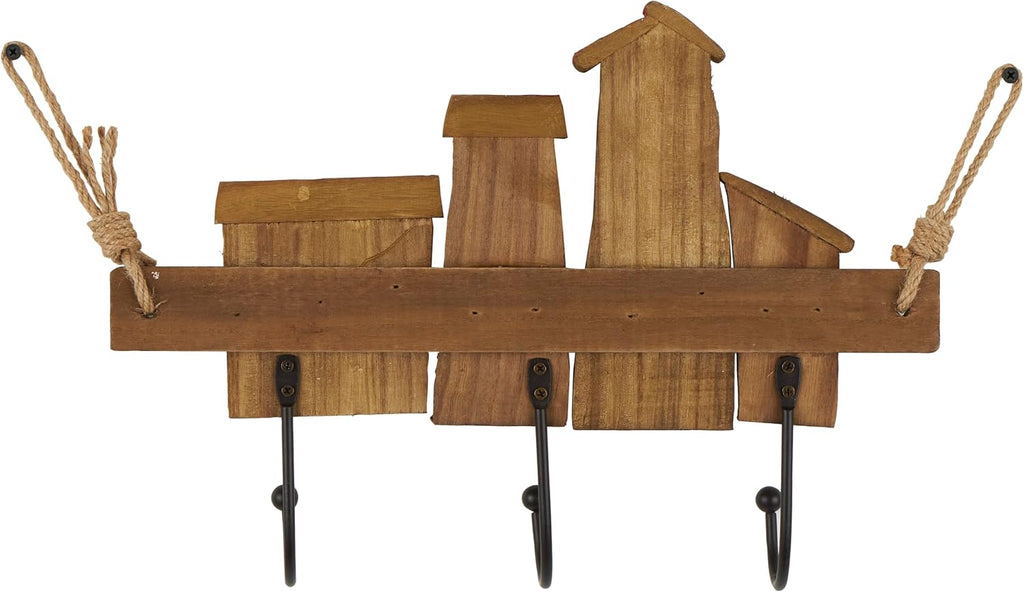 Deco 79 Wood Handmade Distressed House 3 Hanger Wall Hook with Red Roof Accents and Hanging Rope, 16" x 3" x 11", Cream