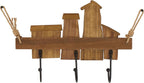 Deco 79 Wood Handmade Distressed House 3 Hanger Wall Hook with Red Roof Accents and Hanging Rope, 16" x 3" x 11", Cream