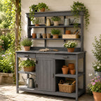 Outdoor Potting Bench with Open Shelves and Cabinet, 66 in | Fir wood, countertop, open shelves, enclosed cabinet, anti-fall device, garden workstation, 50.2 W x 19.7 D x 66 H in