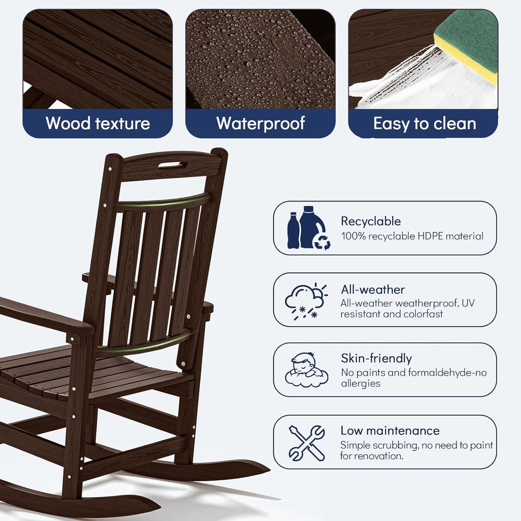 Plawdlik Oversized Outdoor Rocking Chair Set of 2- All-Weather Resistant,HDPE Heavy Duty Patio Rockers with High Back - Perfect for Porch,Garden,Coffee