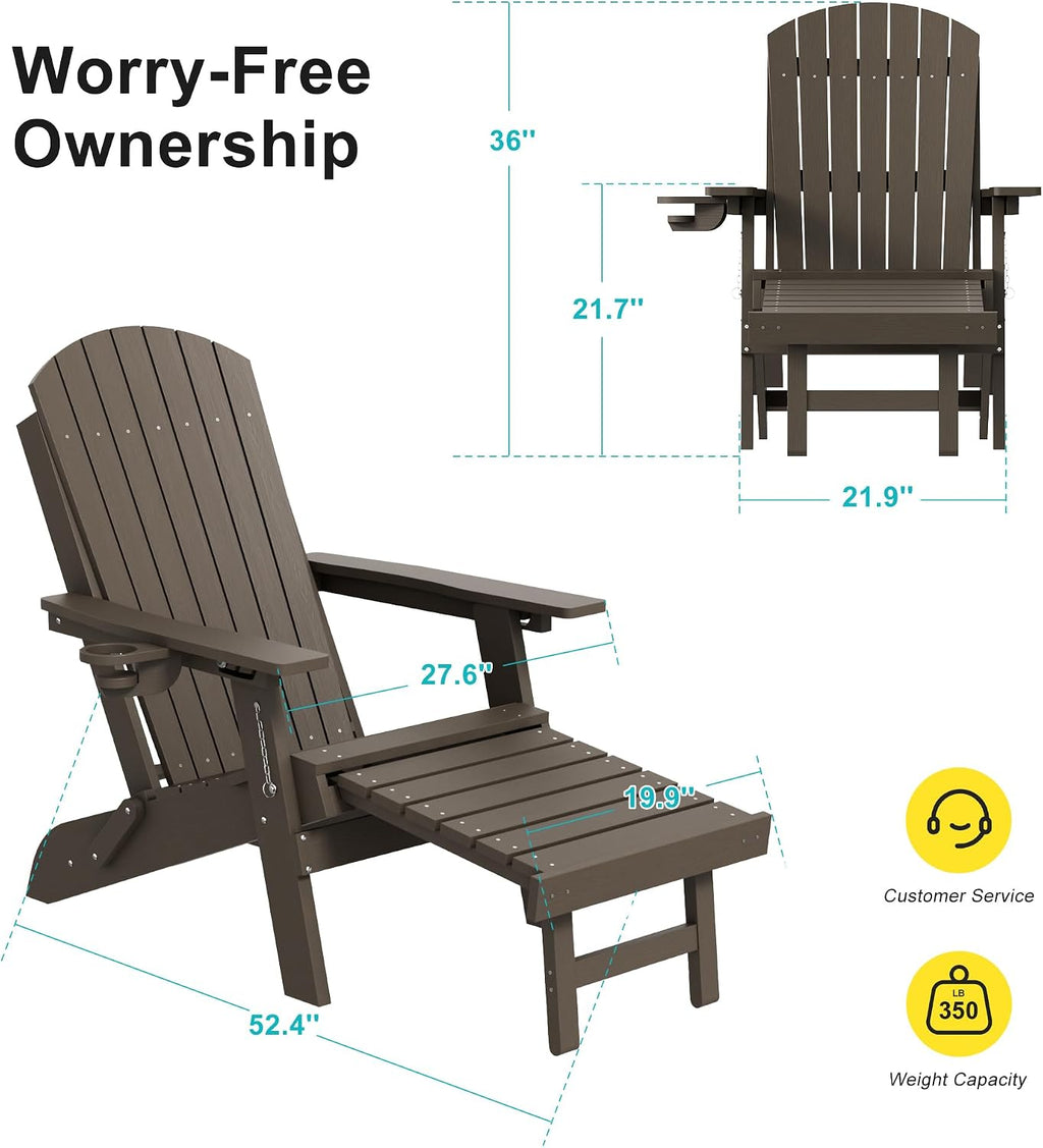 3-Position Adjustable Folding Adirondack Chair with Retractable Ottoman, HDPE Weather Resistant Patio Chair Set of 2 with Hidden Cup Holder for Lawn, Deck and Garden, Brown