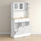 68" Kitchen Pantry Storage Cabinet with Charging Station, 2 Tilt Out Trash Cabinets and Microwave Stand, Freestanding Kitchen Hutch with Glass Doors and Adjustable Shelf, White,13.8 * 39.4 * 67.7