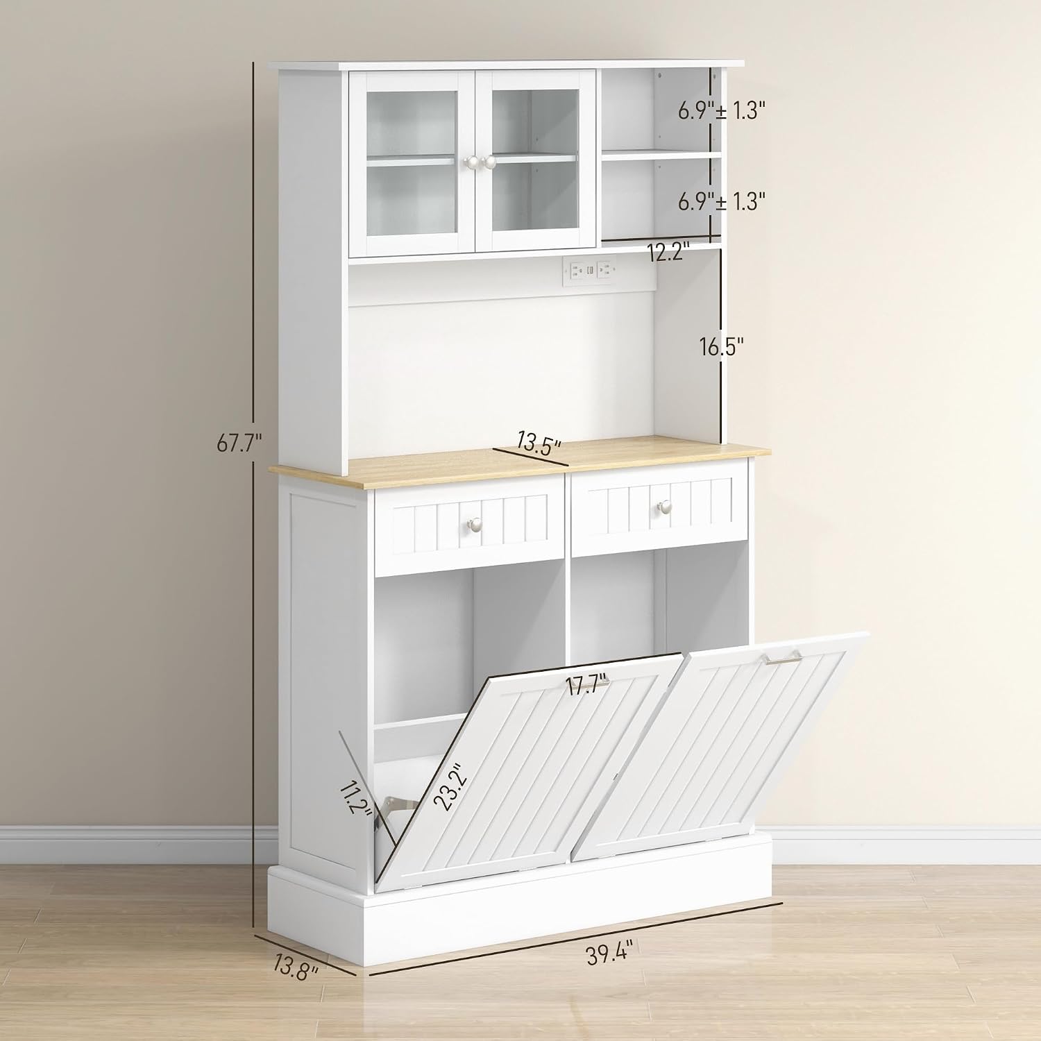68" Tall Kitchen Pantry Storage Cabinet with Charging Station, Freestanding Kitchen Hutch with 2 Tilt Out Trash Cabinets, Microwave Stand, Adjustable Shelf (White)