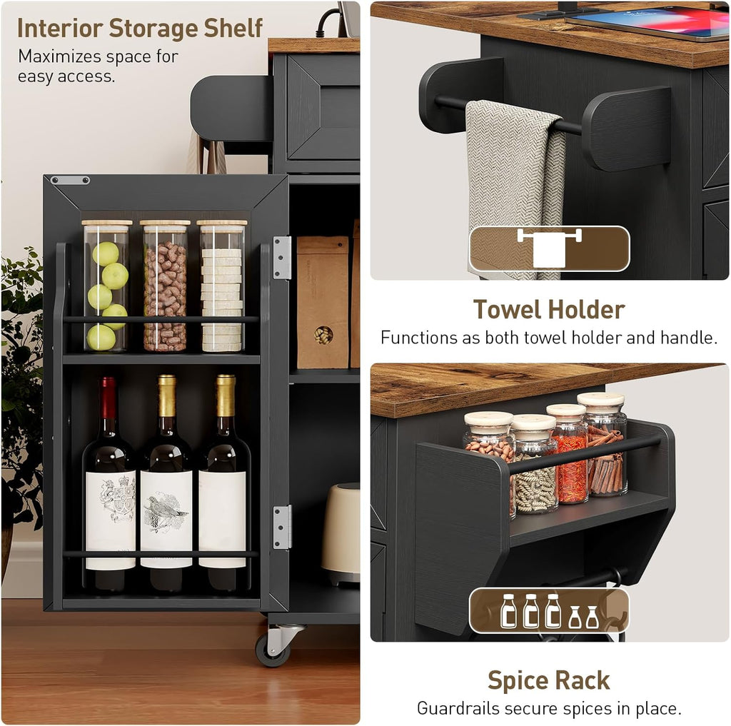 RALGEND Kitchen Island with Power Outlets & Drop Leaf, Kitchen Cart with Storage, Drawer and Spice Rack, Tower Rack, Island Table, Black and Rustic Brown