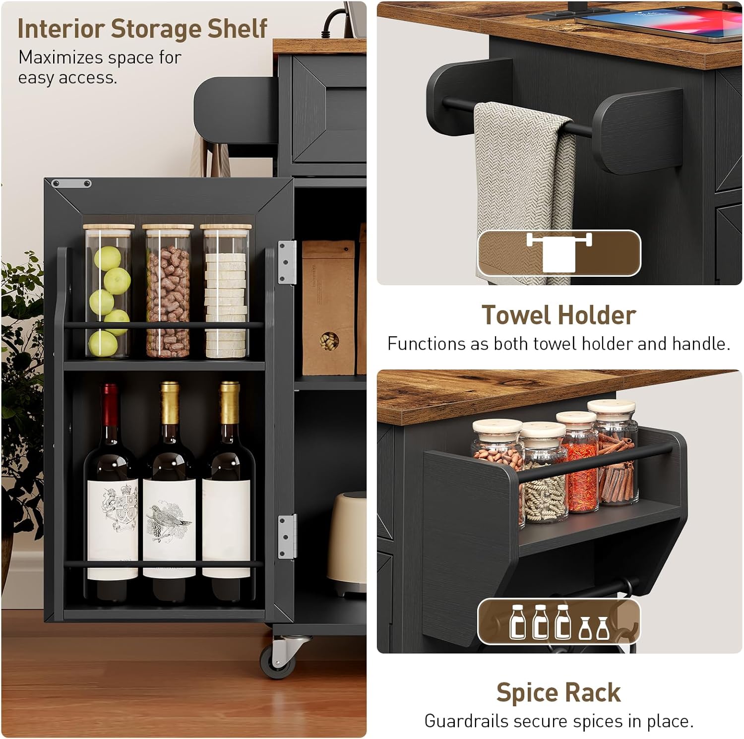 RALGEND Kitchen Island with Power Outlets & Drop Leaf, Kitchen Cart with Storage, Drawer and Spice Rack, Tower Rack, Island Table, Black and Rustic Brown