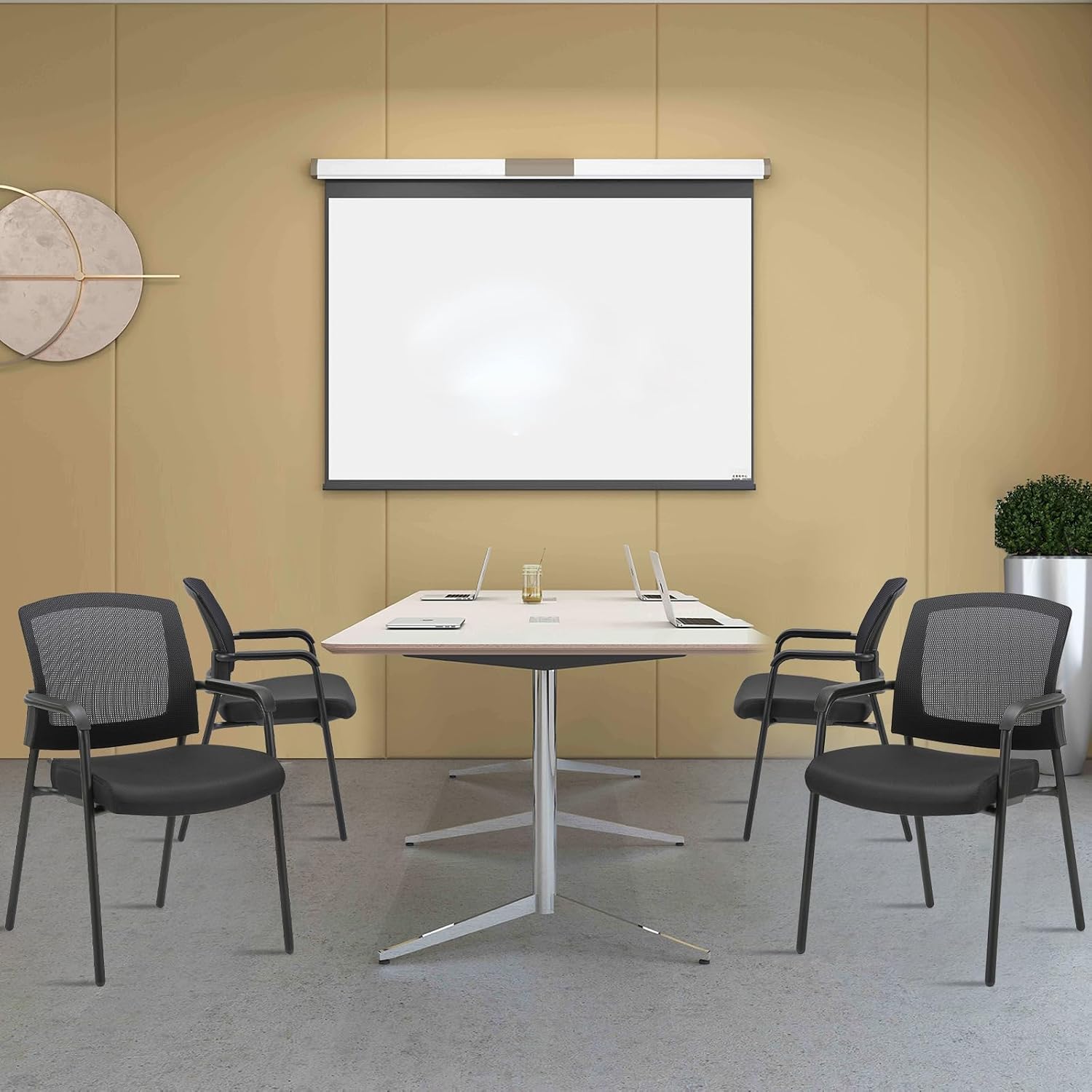 CLATINA Stacking Chairs Set of 4, Stackable Waiting Room Chairs No Wheels with Armrest, Ergonomic Mesh Office Reception Guest Chair for Home Conference Lobby Church School Meeting Training, Black