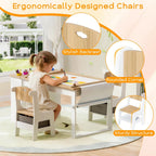 Befrases Kids Art Table and Chairs, Toddler Craft Table and 2 Chairs Set with Roll Paper, Large Activity Desk with 6 Colorful Paint Cups & Storage for Drawing, Learning and Reading