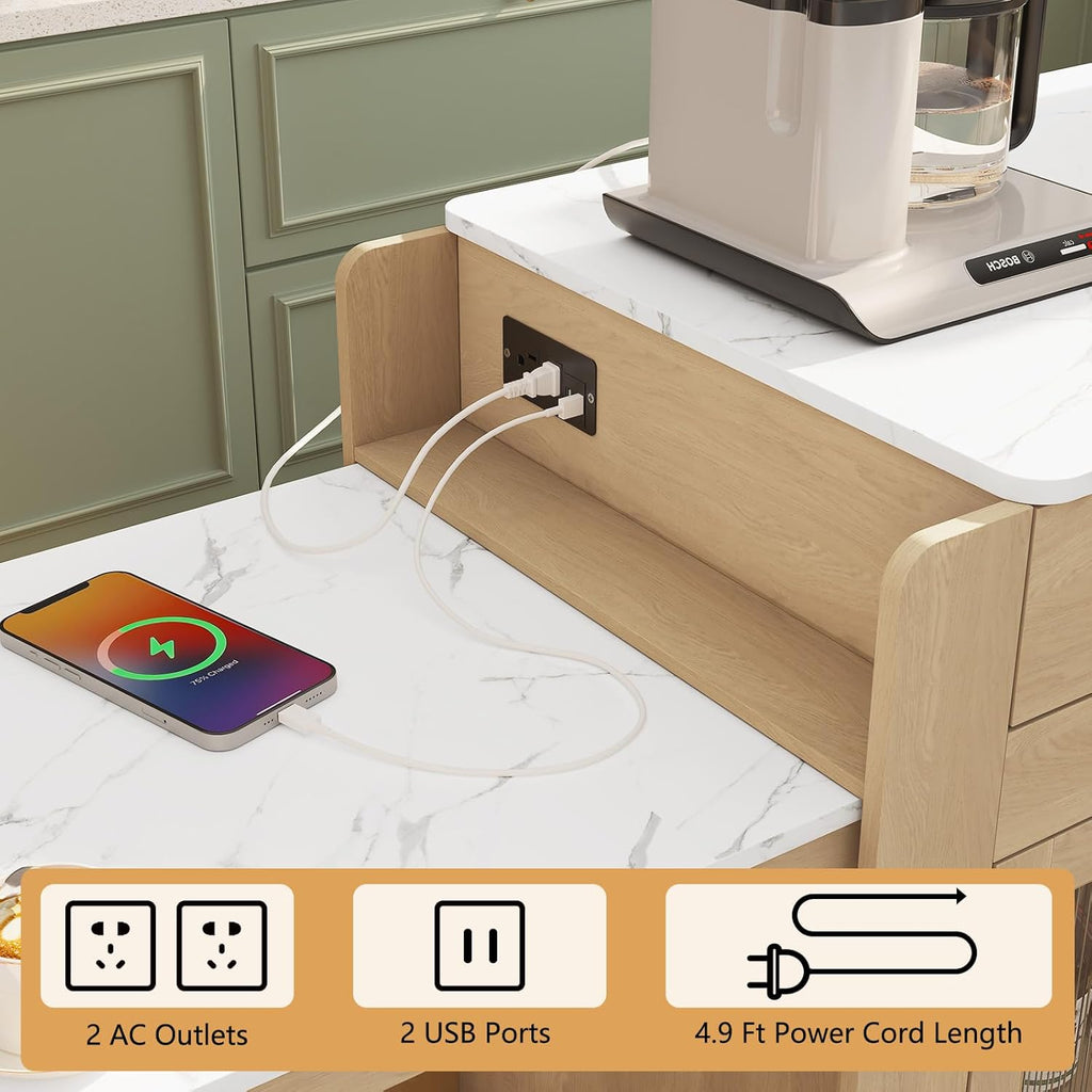 HLR 72" Kitchen Island with Extendable Dining Table, Marble Grain Top Storage Islands with Power Outlet, Rolling Cart on Wheels with Storage Cabinet and 2 Drawers, Pre Table for Kitchen