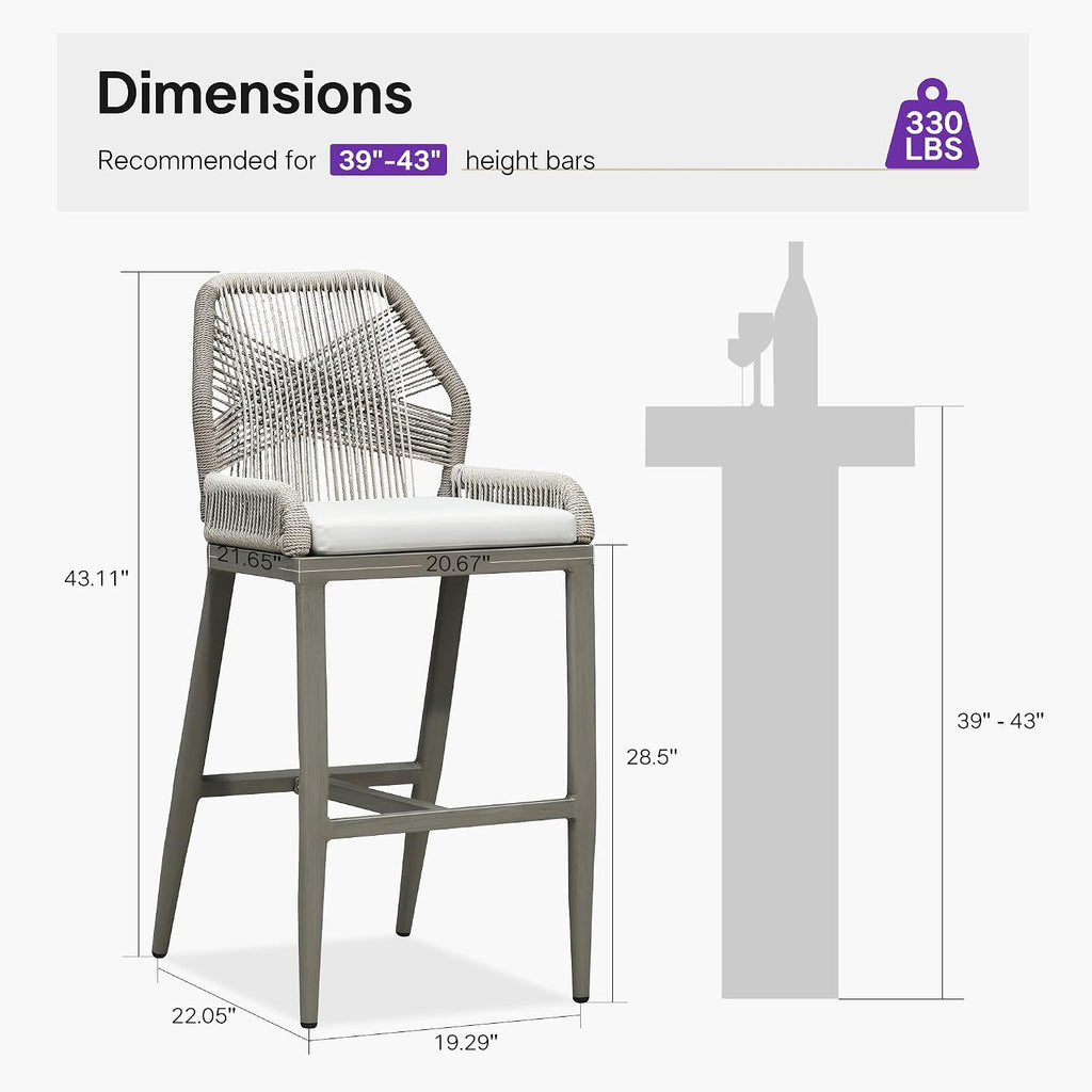 PURPLE LEAF Patio Bar Stools 28" H Set of 2 Handwoven Wicker Bar Height Stool Modern Aluminum High Bar Chairs Outdoor Wicker Barstools with Back and Cushion for Kitchen Pool Island