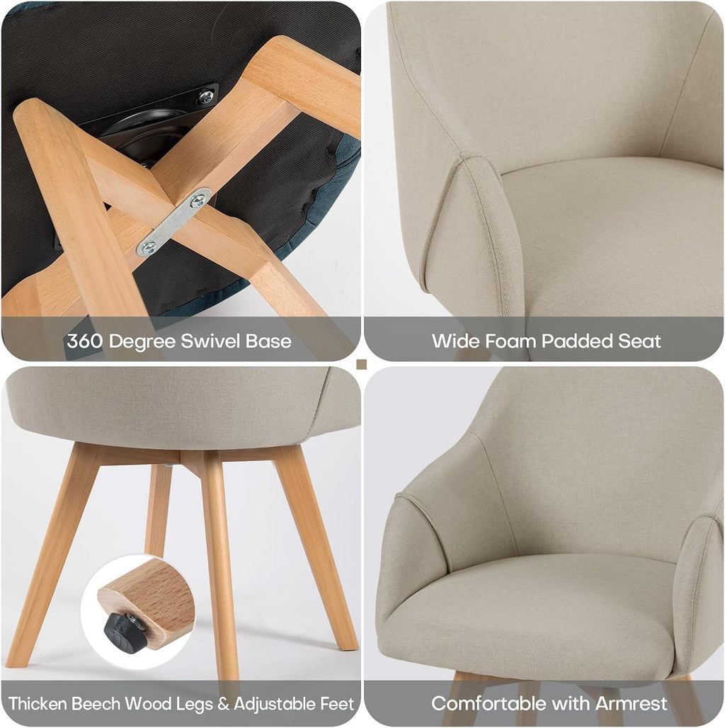 Swivel Dining Chairs Set of 2, Mid Century Modern Dining Chairs with Arms and Wood Legs, Linen Fabric Upholstered Kitchen Chairs for Dining Room Living Room, Comfortable Widen Seat, Sand