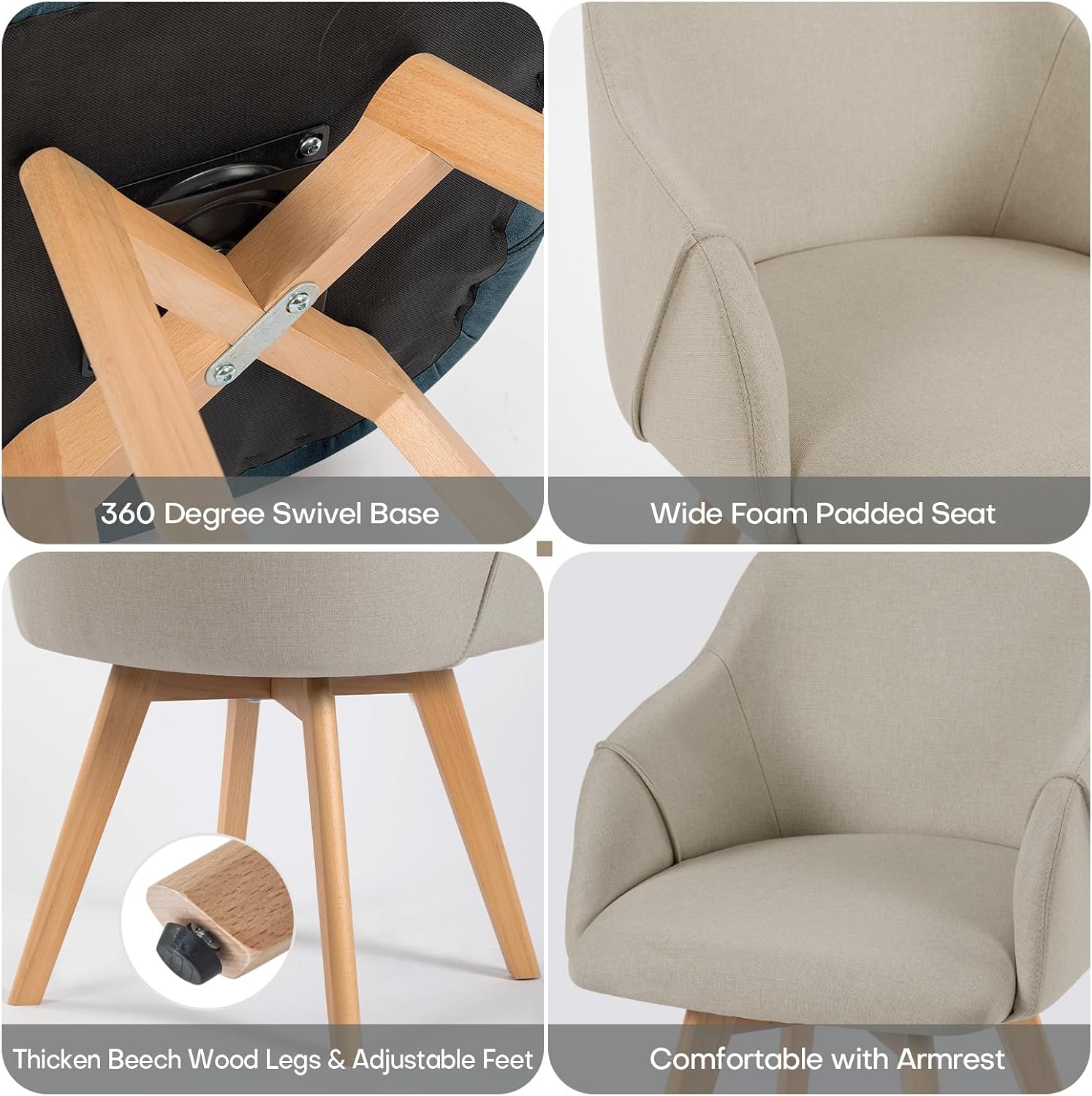 Swivel Dining Chairs Set of 2, Mid Century Modern Dining Chairs with Arms and Wood Legs, Linen Fabric Upholstered Kitchen Chairs for Dining Room Living Room, Comfortable Widen Seat, Sand