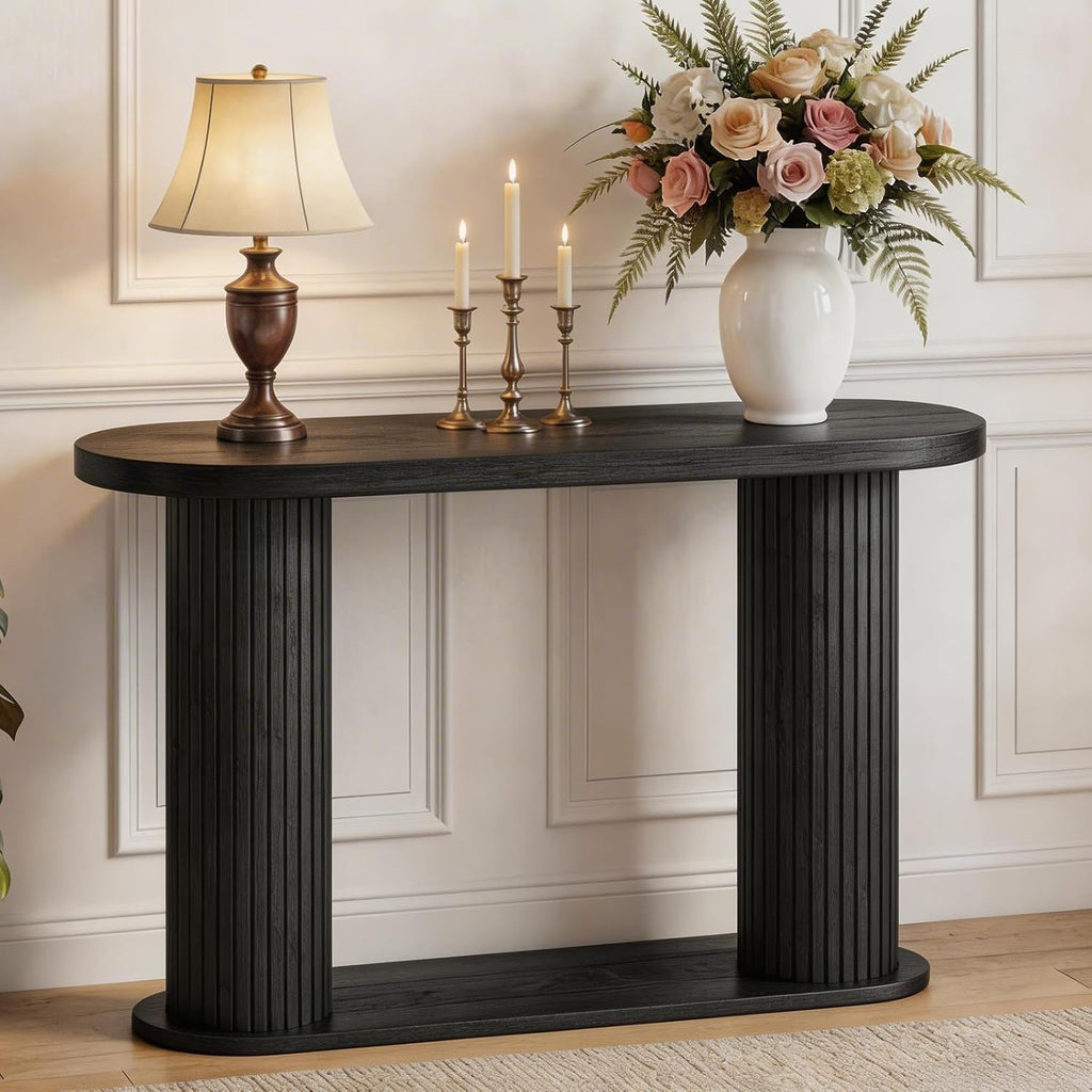 Garvee Fluted Console Table, 42.5 Inch Narrow Wood Entryway Table with Storage Shelf, Sofa Table Behind the Couch, for Hallway, Living Room, Foyer, Entrance, Black