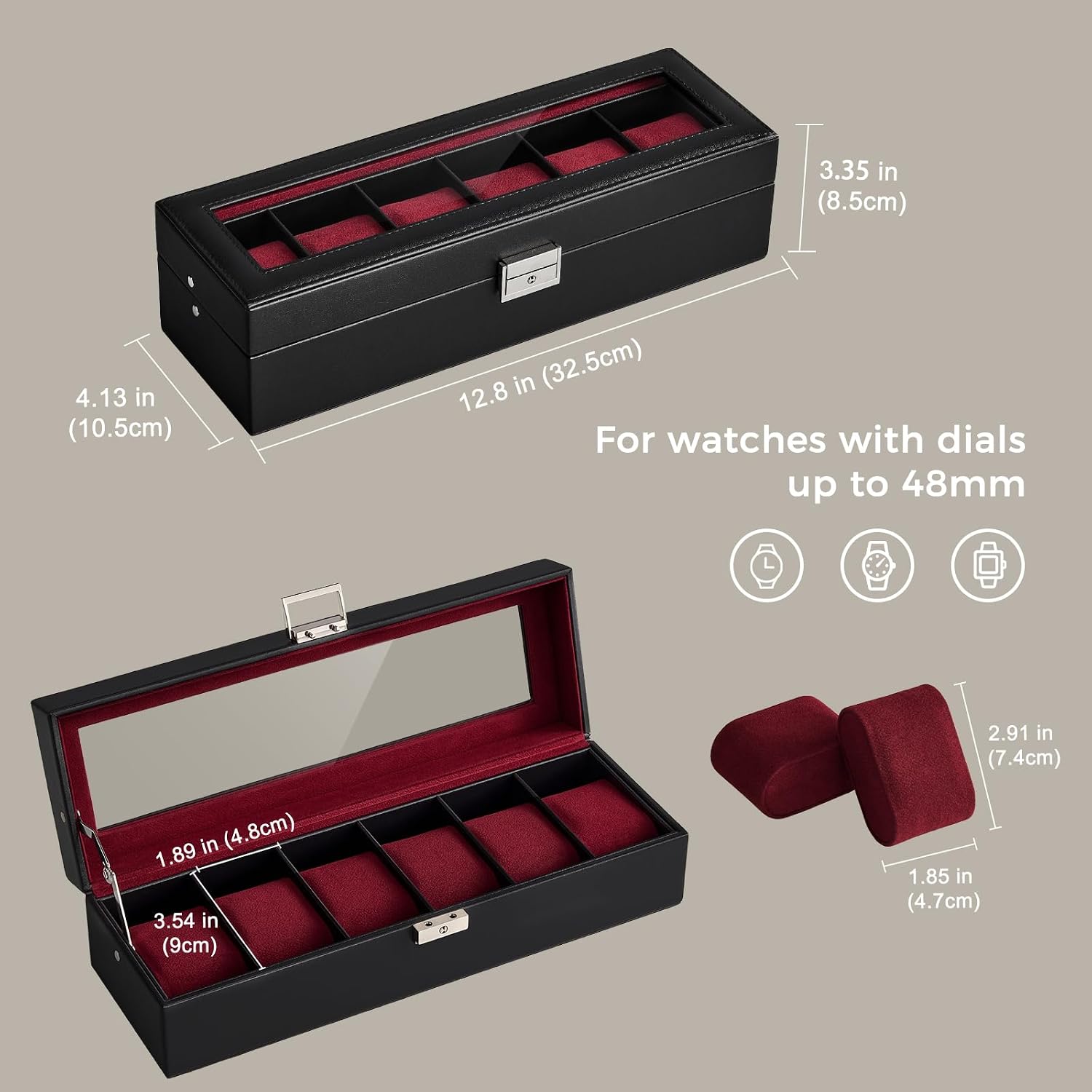 ProCase 6 Slot Watch Case Box for Men, PU leather Man Watch Organizer with Soft Pillow, Lockable Watch Collection Storage Holder with Glass Display Lid, Fathers Day Gift for Dad -Winered