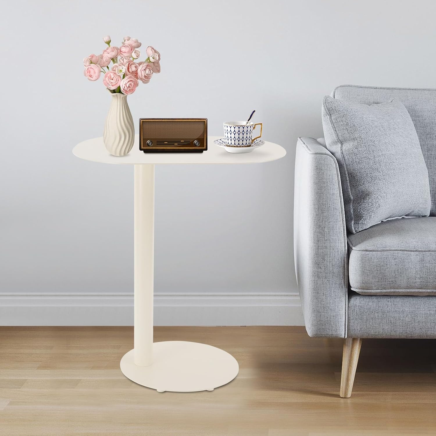 C-Shaped Side Table, End Table for Couch & Sofa Side Table - 25''H Metal C-Table with Round Base, Slide Under Accent Table for Living Room, Bedroom, Office, Small Spaces (Cream Color)