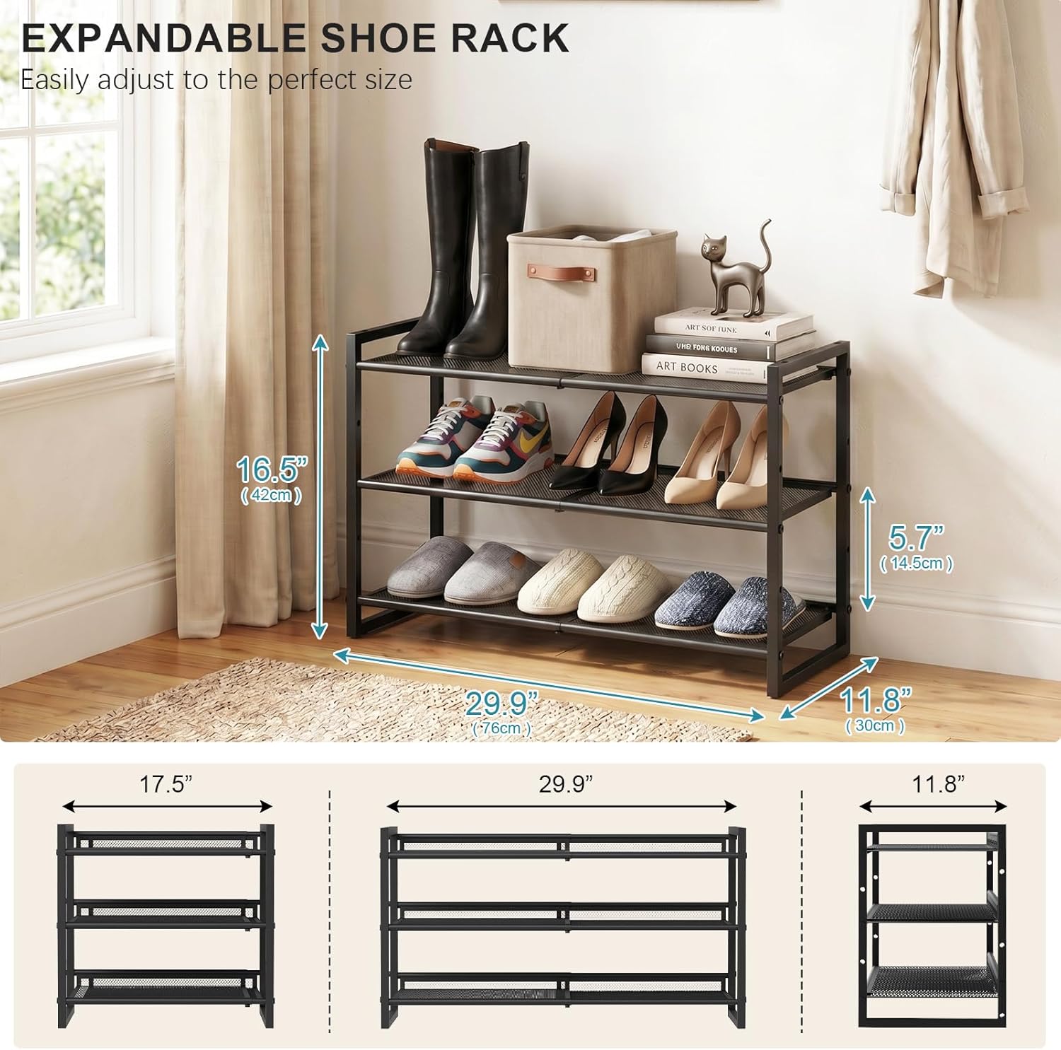 Garden 4 you Shoe Rack - Expandable Shoe Organizer for Closet, Metal Shoe Shelf Organizer, Stackable Adjustable Shoe Storage Shelf for Entryway, Garage, Door Entrance (3-Tier)