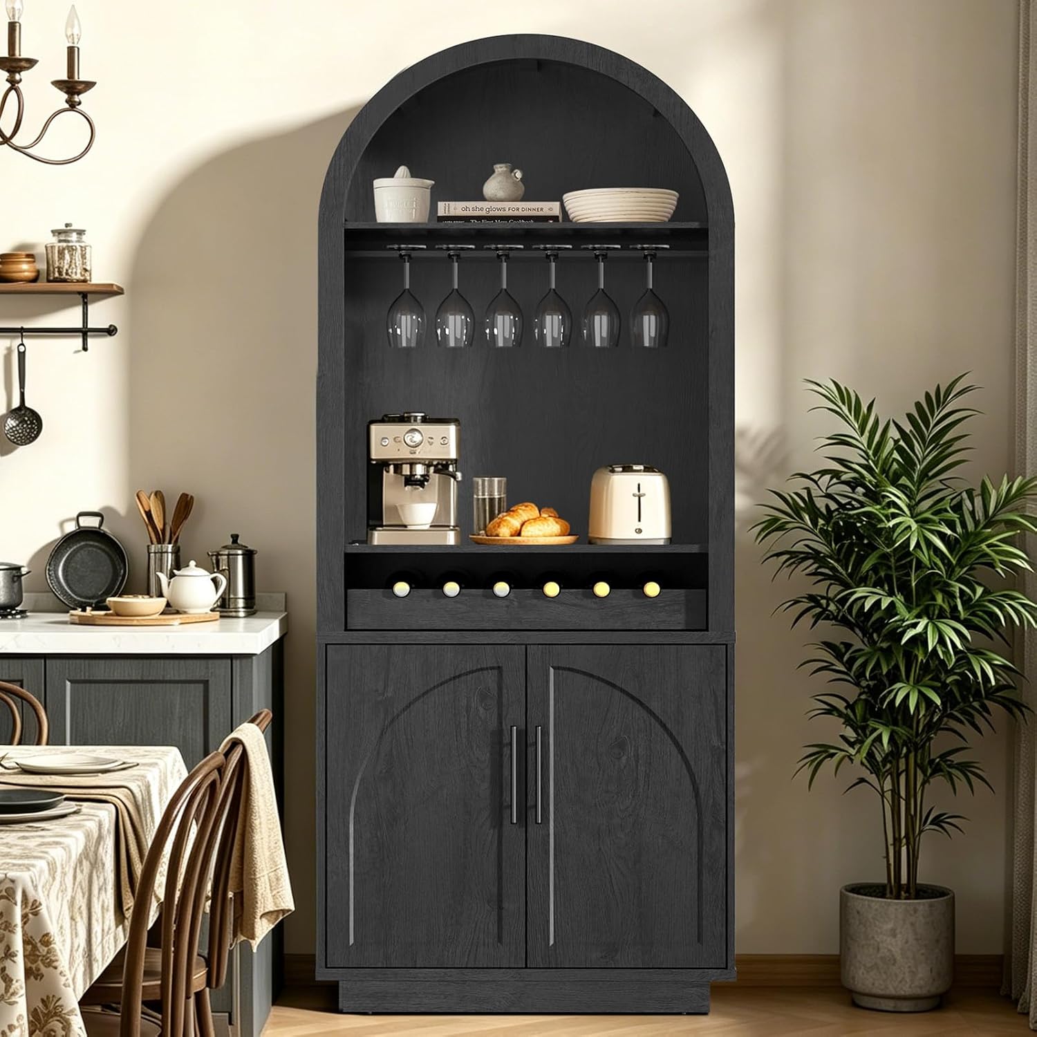 79" Arched Display Cabinet with LED Lighting & Built-In Outlets, 2-Piece Coffee Bar Station with Wine Drawer, Stemware Rack and Adjustable Shelves for Kitchen, Dining Area, Lounge, Black Grey