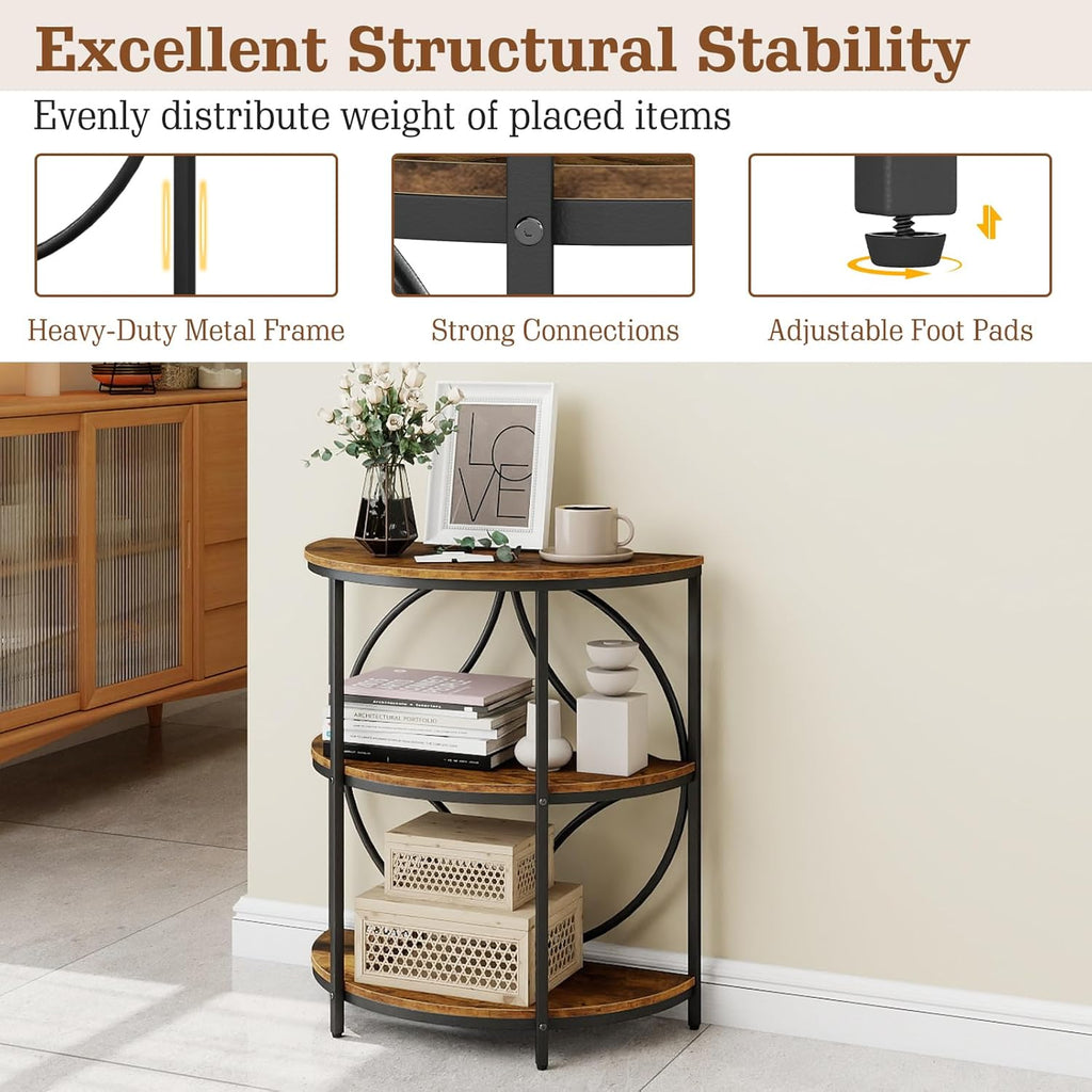 Giantex Half Round End Table - 3-Tier Narrow Sofa Side Table w/Study Metal Frame & Storage Shelves, Half Moon Circle Bedside Night Stand for Living Room Bedroom Small Spaces (Rustic Brown,1)