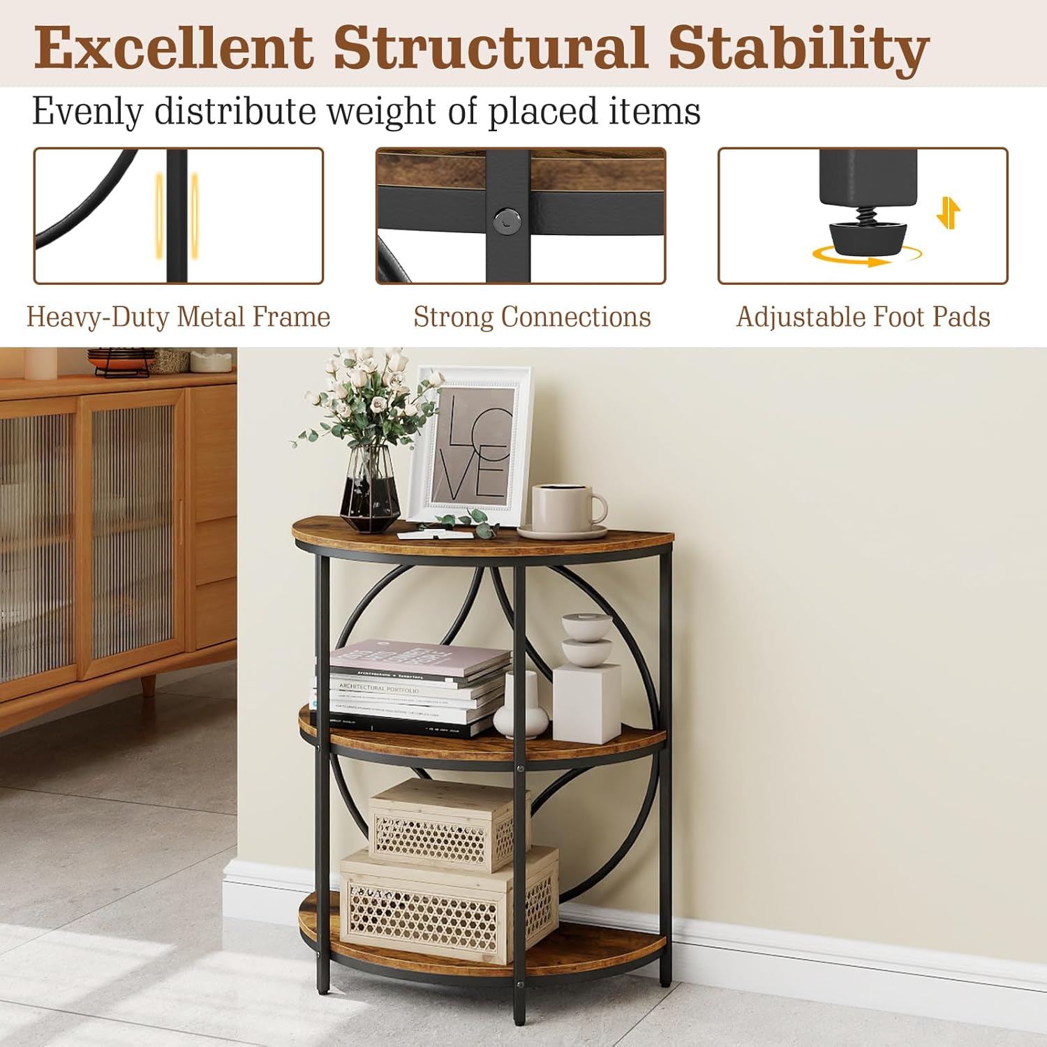Giantex Half Round End Table - 3-Tier Narrow Sofa Side Table w/Study Metal Frame & Storage Shelves, Half Moon Circle Bedside Night Stand for Living Room Bedroom Small Spaces (Rustic Brown,1)