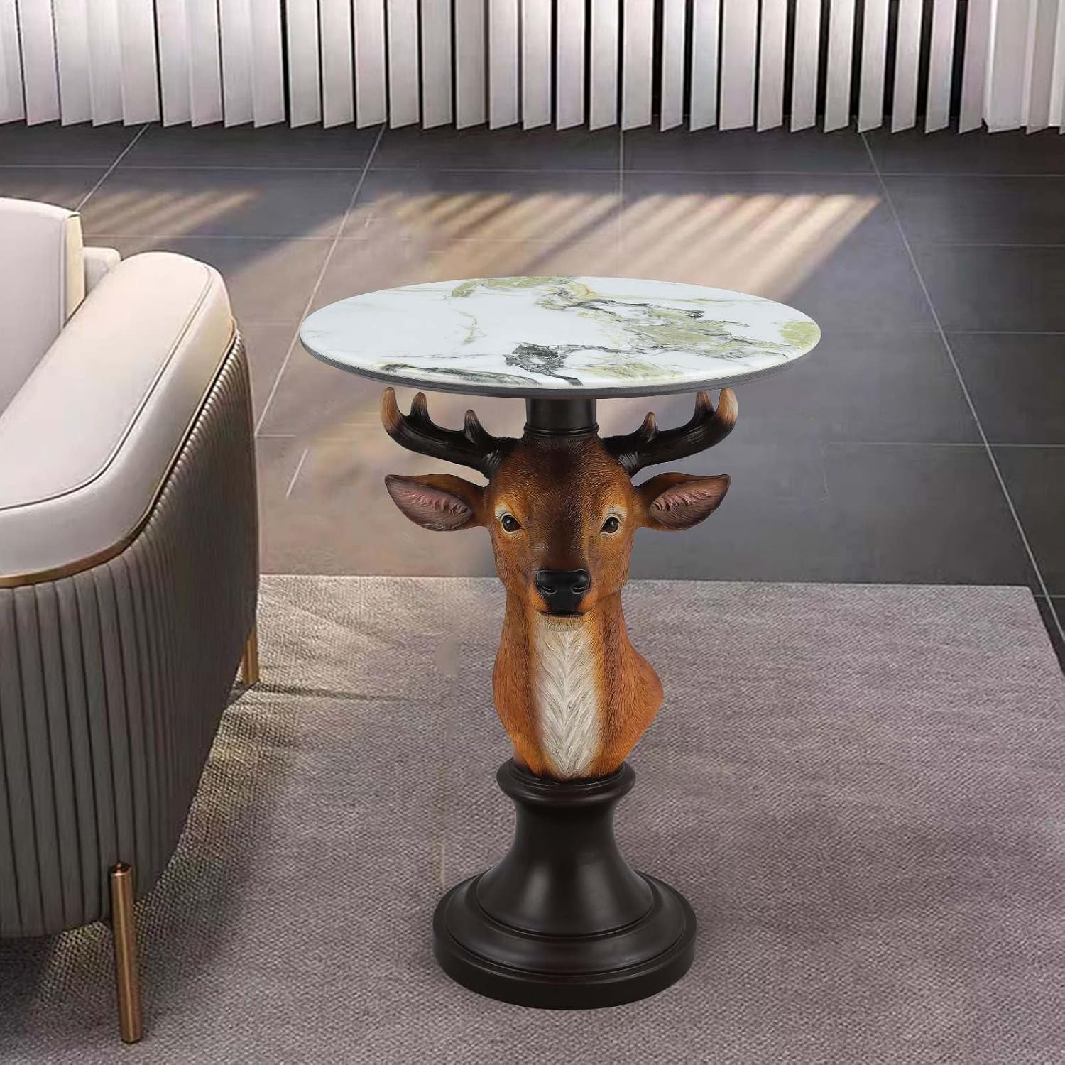 Deer Head Accent Table with Faux Marble Top, 25.59" Resin Animal Statue End Table for Living Room, Rustic Wildlife Side Table with Pedestal Base, Brown