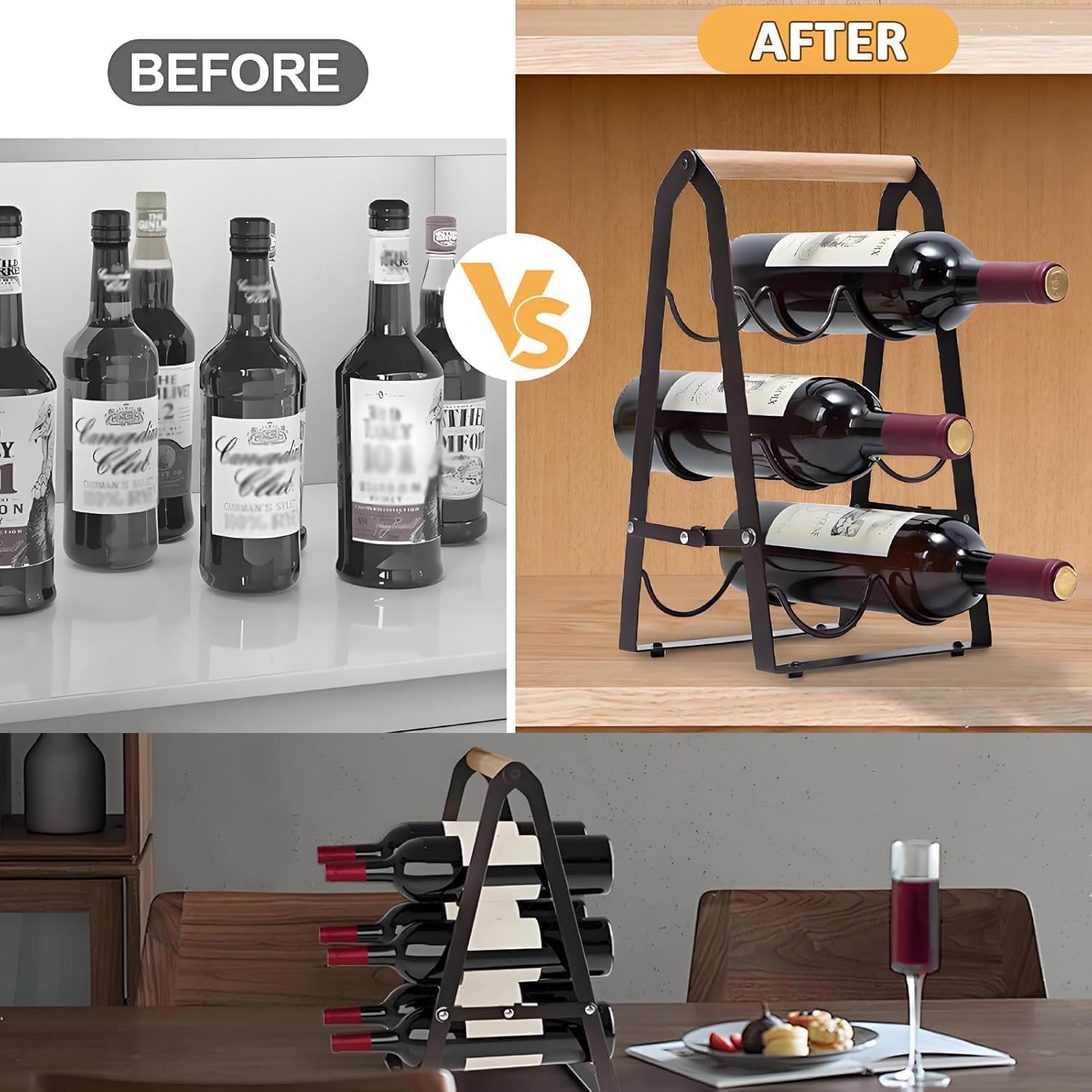 6‑Bottle Foldable Stackable Metal Wine Rack with Wooden Handle, 3‑Tier No Assembly Countertop Wine Holder for Kitchen Bar Cabinet Pantry, Black