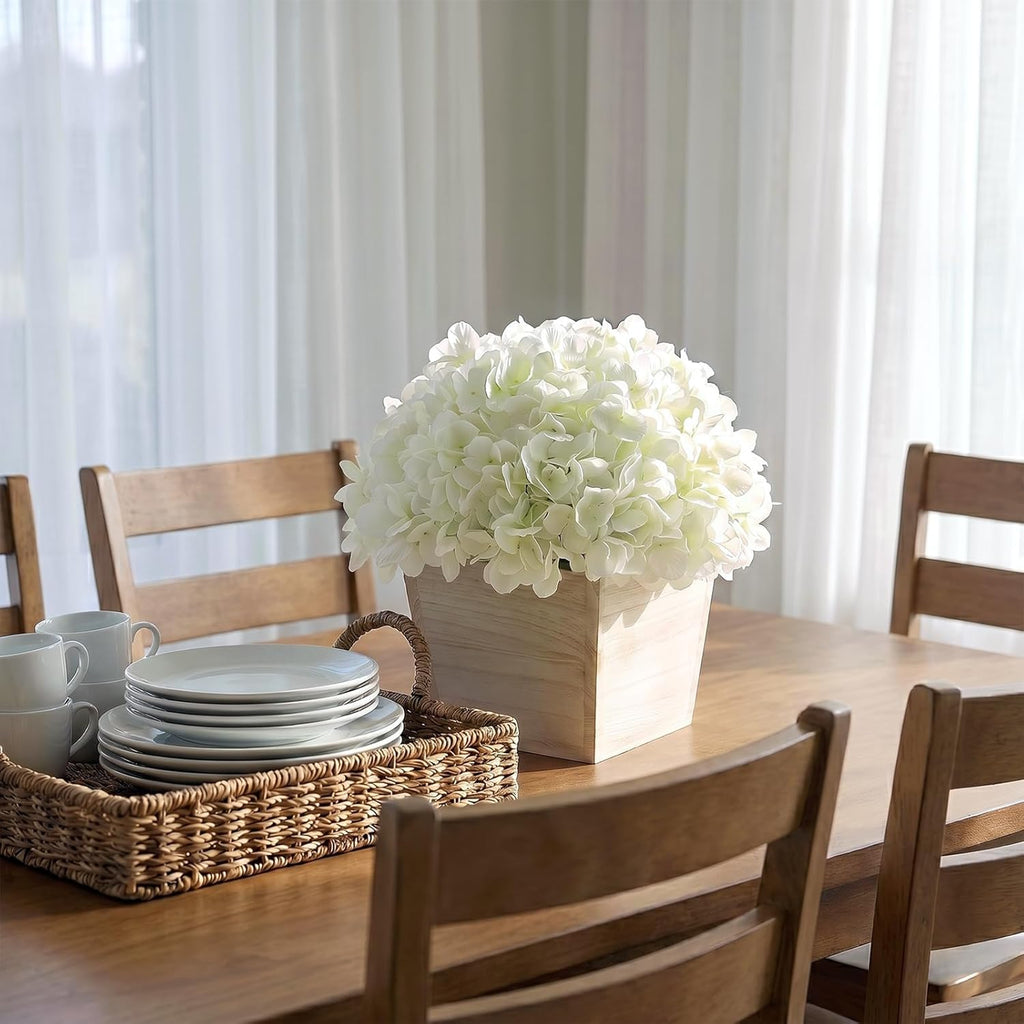 YXZZWL 10" Artificial Hydrangea Arrangement in Planter for Table Centerpiece, Lifelike Fake Hydrangea Potted Plant, Silk Faux Flowers in Wood Planter for Farmhouse Home Office Shower Decor (White)