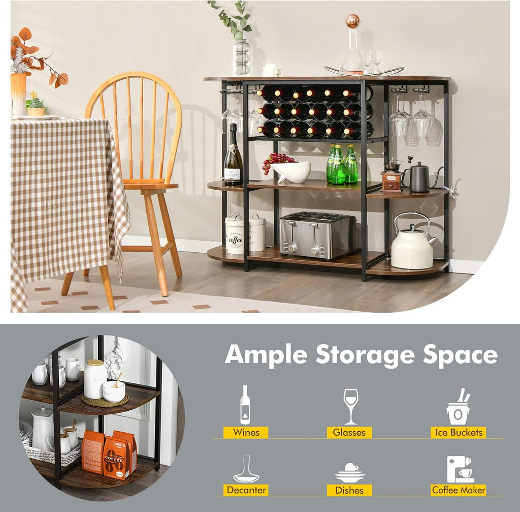 LOKO Wine Rack Table, 47 Inches Industrial Wine Bar Cabinet with Wine Rack & Glass Holders, Freestanding Floor Bar Storage Cabinet for Liquor and Glasses for Home Kitchen Dining Room (Rustic Brown)