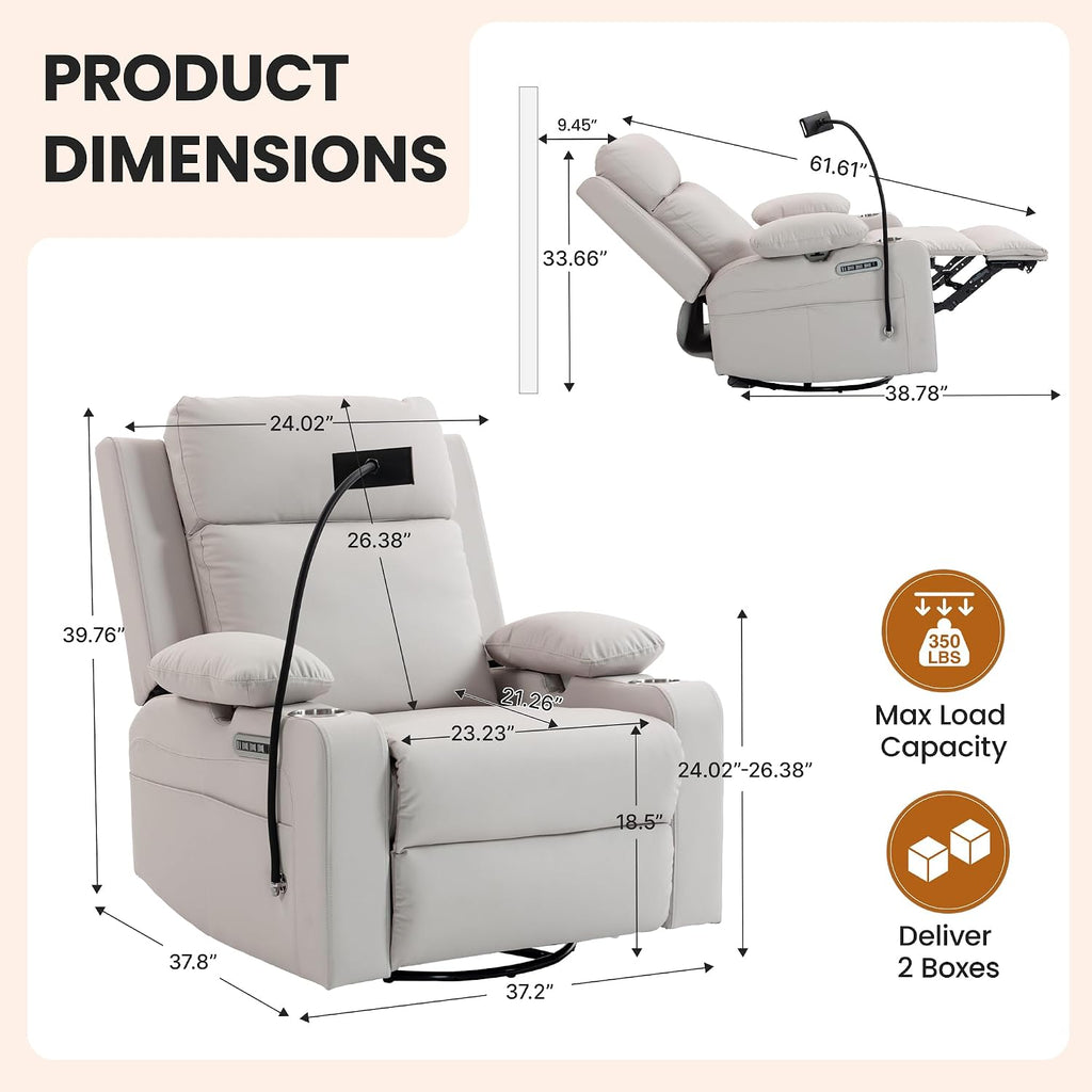 FiveWillowise Power Rocking Chair Nursery with Adjustable Armrests, Beige | Glider Rocking Chair with Adjustable Headrest and Electric Lumbar Support, Nursing Chair with USB Charging, Cup Holder, Light