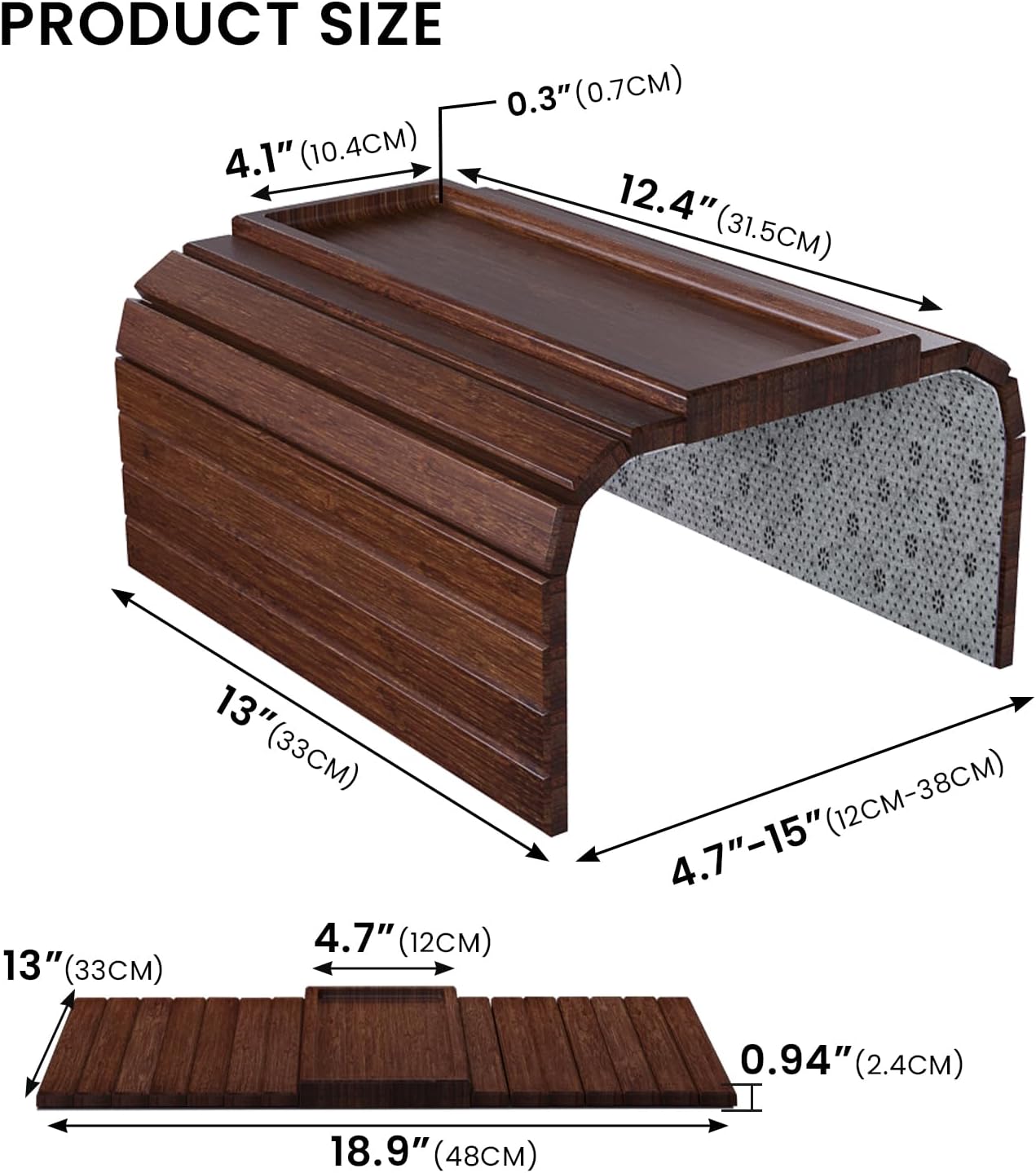 Sofa Arm Tray,Bamboo Folding Couch Arm Tray,Sofa Armrest Tray with Anti-Slip Pad for Drinks,Snacks,Phone,Remote Control（Brown）