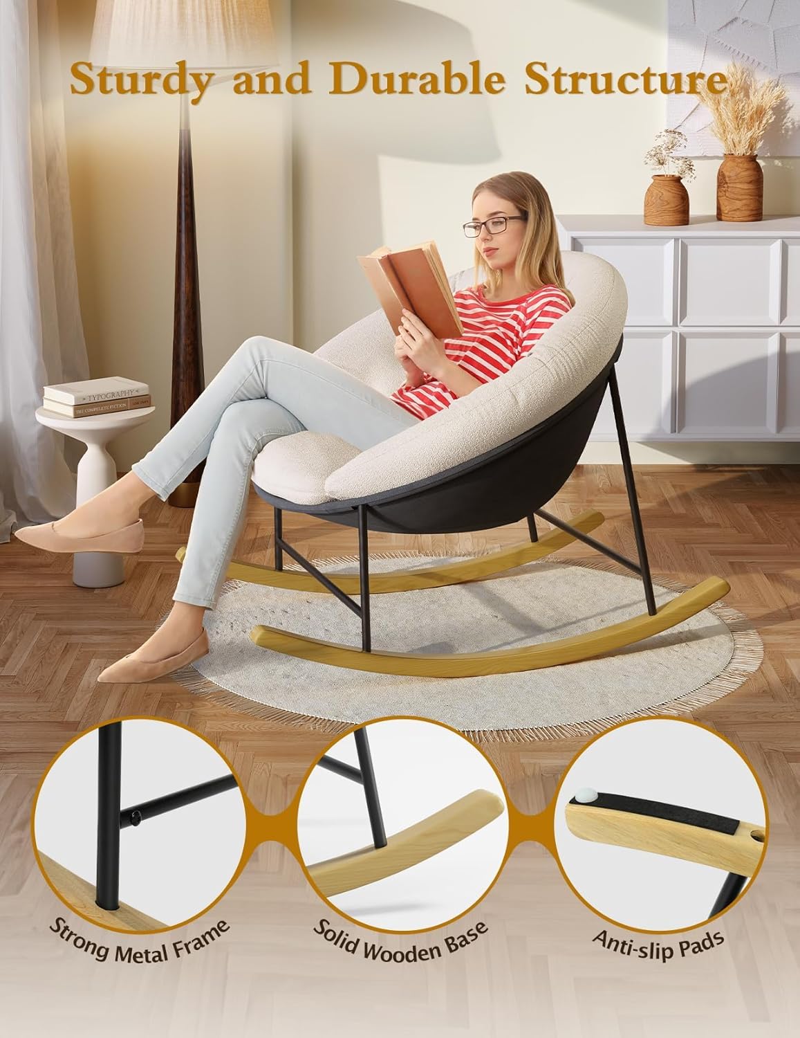 Kidirect Wide Rocking Chair Nursery, Comfy Saucer Nursery Rocking Chairs with Removable Cushion, Indoor Papasan Nursing Chair for Breastfeeding, Mecedora Para Adultos for Living Room & Bedroom (Beige)