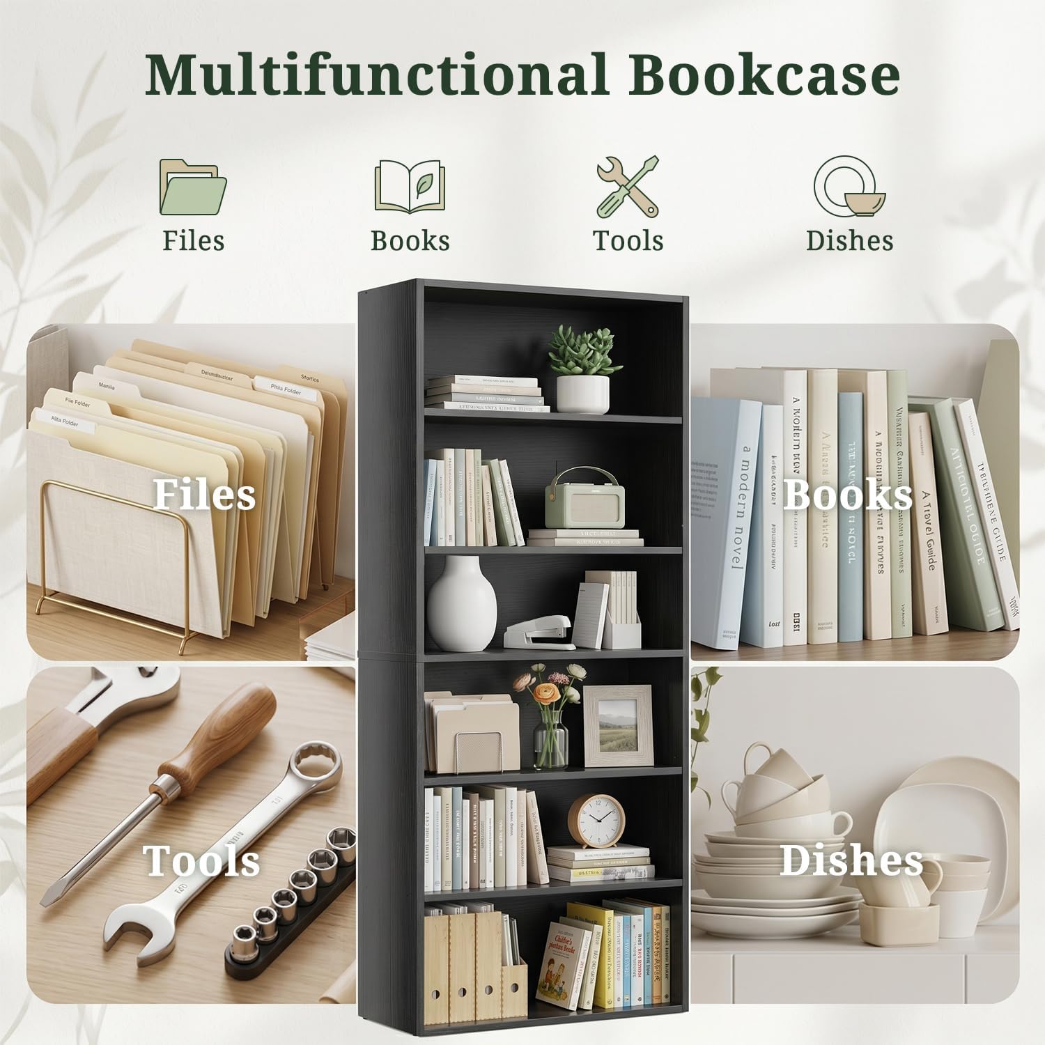 6 Tier Bookshelf, 63" Tall Open Display Bookcase with Reinforced Back & Anti-Tip Kit, Heavy Duty Wood Book Shelves for Home Office, Living Room & Bedroom, Black